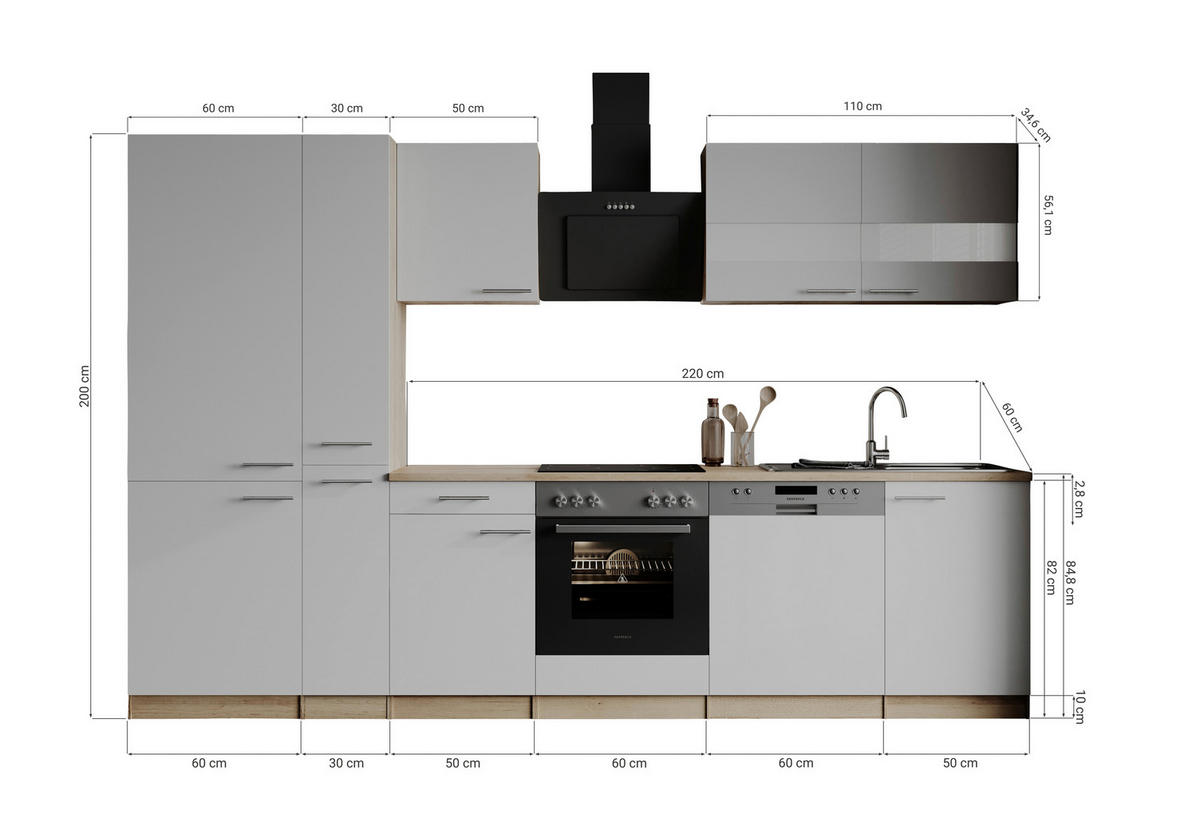 KÜCHENBLOCK 310 cm   in Grau  - Edelstahlfarben/Eichefarben, Basics, Holzwerkstoff/Metall (310cm) - Respekta