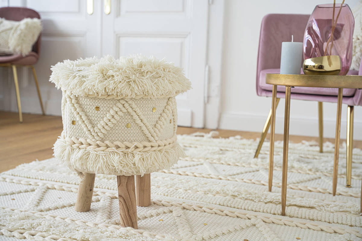 HOCKER Makramee Creme - Creme, Trend, Holz/Textil (38/50/38cm) - Kayoom