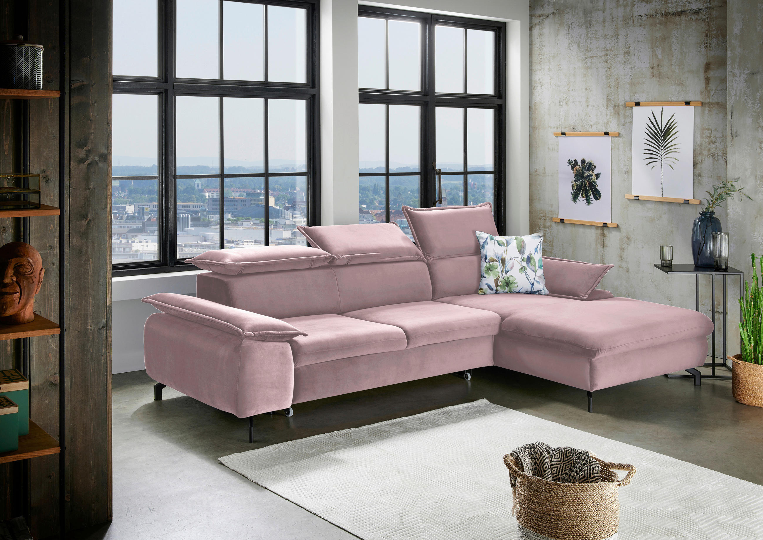 WOHNLANDSCHAFT Altrosa Velours - Schwarz/Altrosa, KONVENTIONELL, Textil/Metall (280/175cm) - Livetastic