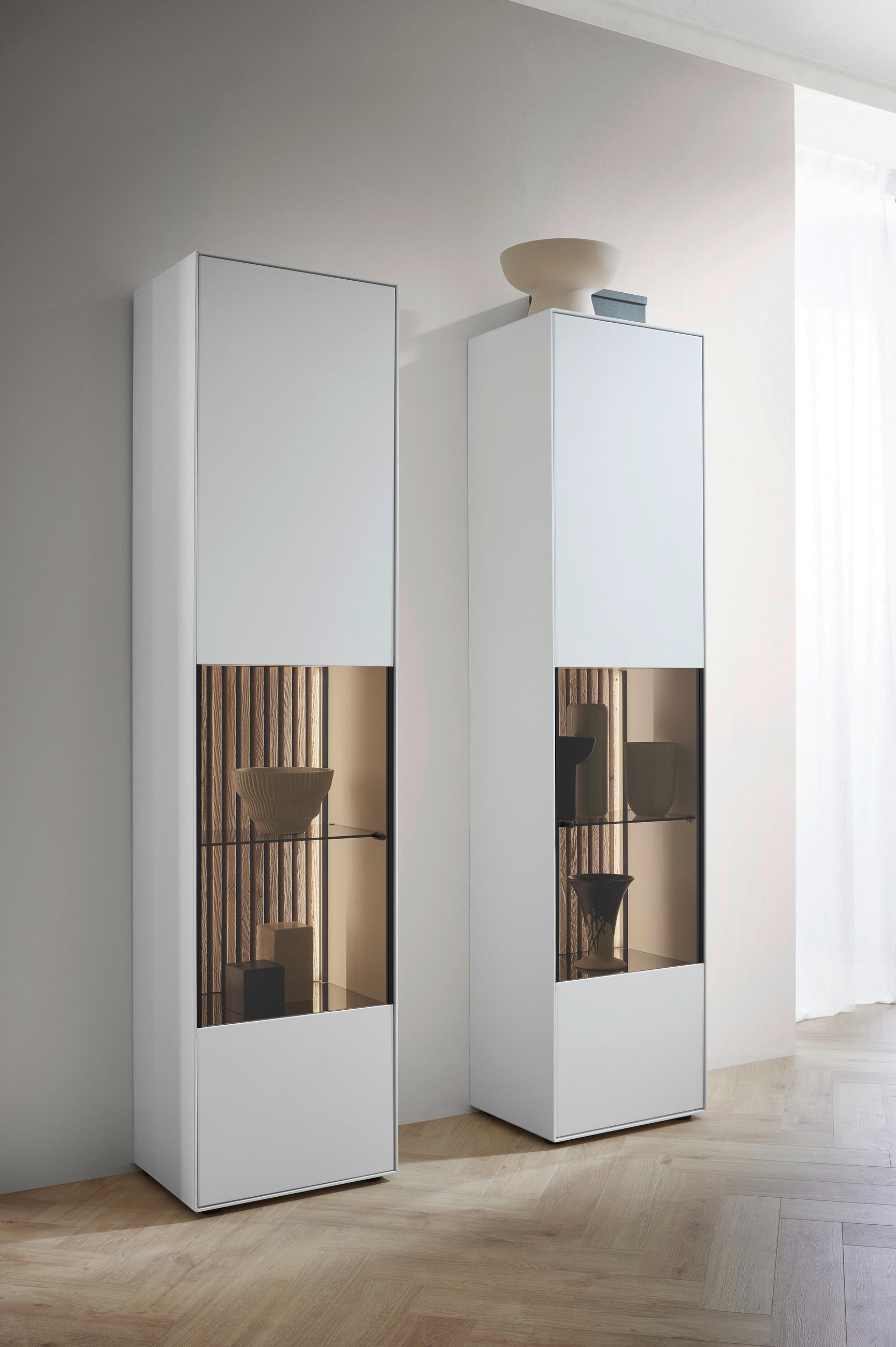 VITRINE  in massiv Birke, Kerneiche Weiß, Eichefarben - Eichefarben/Anthrazit, Design, Glas/Holz (49/205/39cm) - Johann Jakob