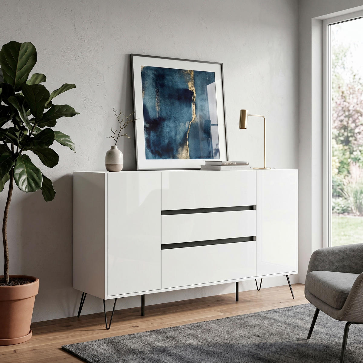SIDEBOARD Posseik Industrial 155/93,6/42 cm 3 Schublade(n)  - Weiß Hochglanz/Schwarz, Design, Holzwerkstoff/Metall (155/93,6/42cm) - MID.YOU