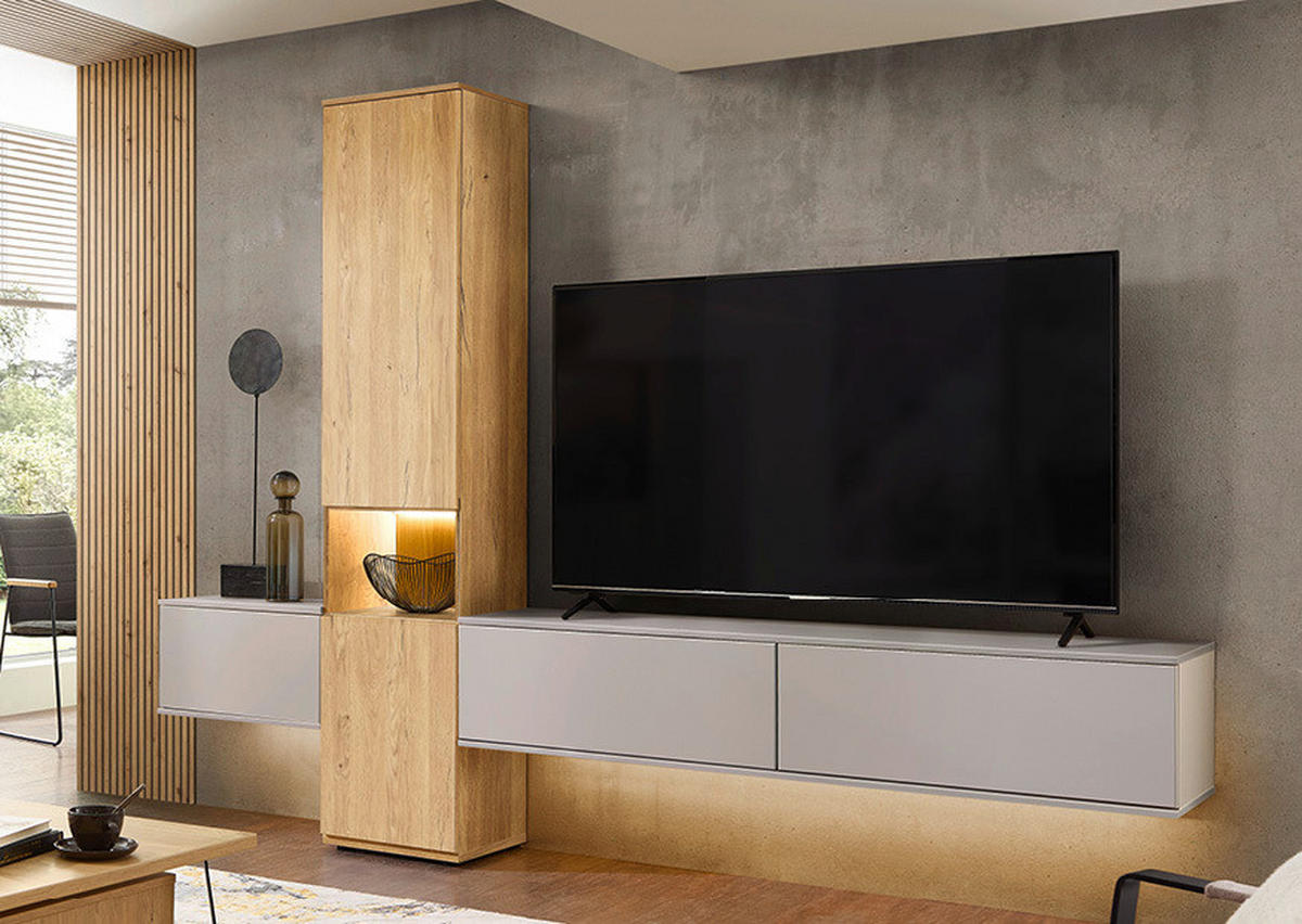 WOHNWAND  in Grau, Eichefarben  285/215/40 cm  - Eichefarben/Schwarz, KONVENTIONELL, Glas/Holzwerkstoff (285/215/40cm) - Venda