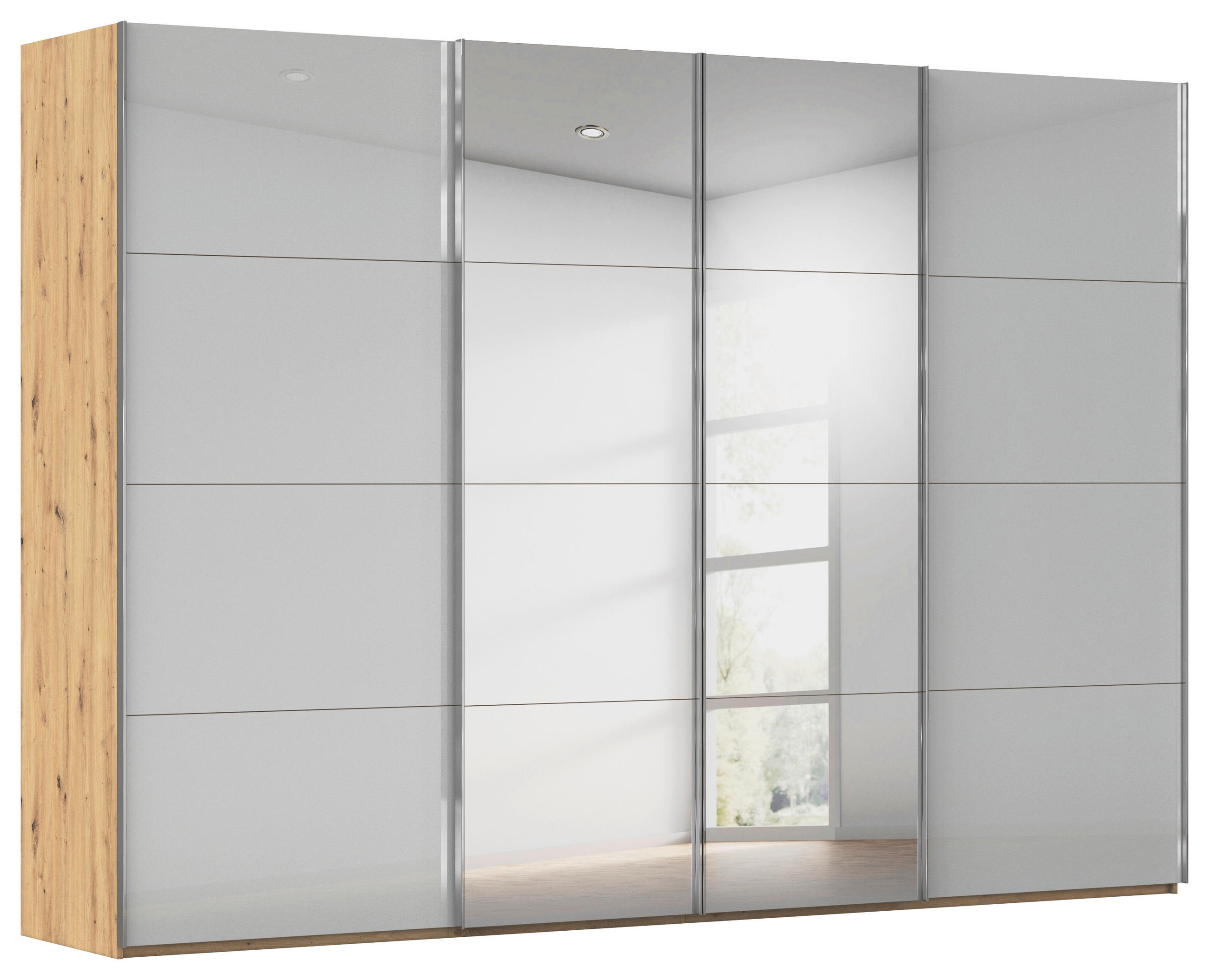 SCHWEBETÜRENSCHRANK 316/223/68 cm 4-türig Eiche Artisan, Seidengrau  - Chromfarben/Seidengrau, Design, Glas/Holzwerkstoff (316/223/68cm) - Novel