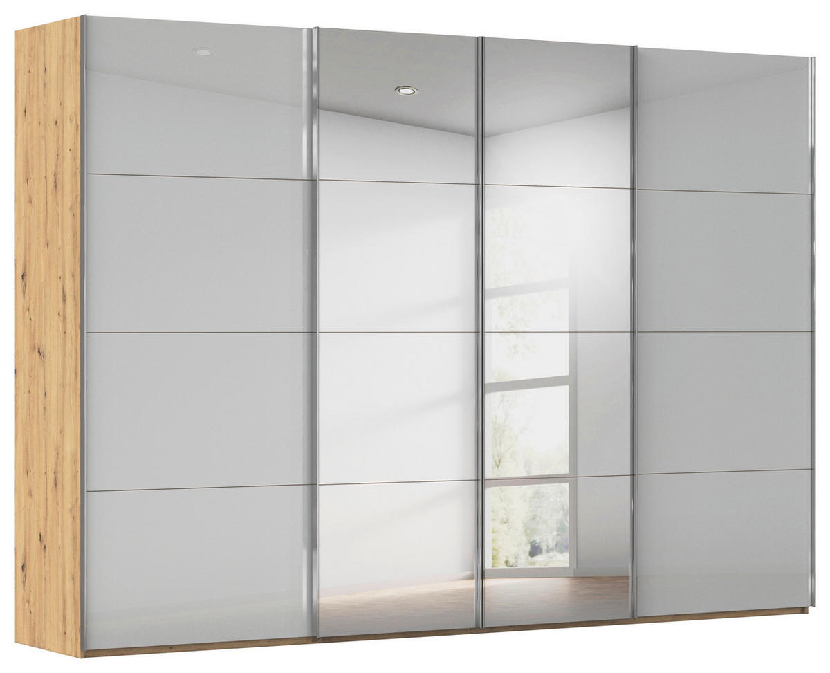 SCHWEBETÜRENSCHRANK 316/235/68 cm 4-türig Eiche Artisan, Seidengrau  - Chromfarben/Seidengrau, Design, Glas/Holzwerkstoff (316/235/68cm) - Novel