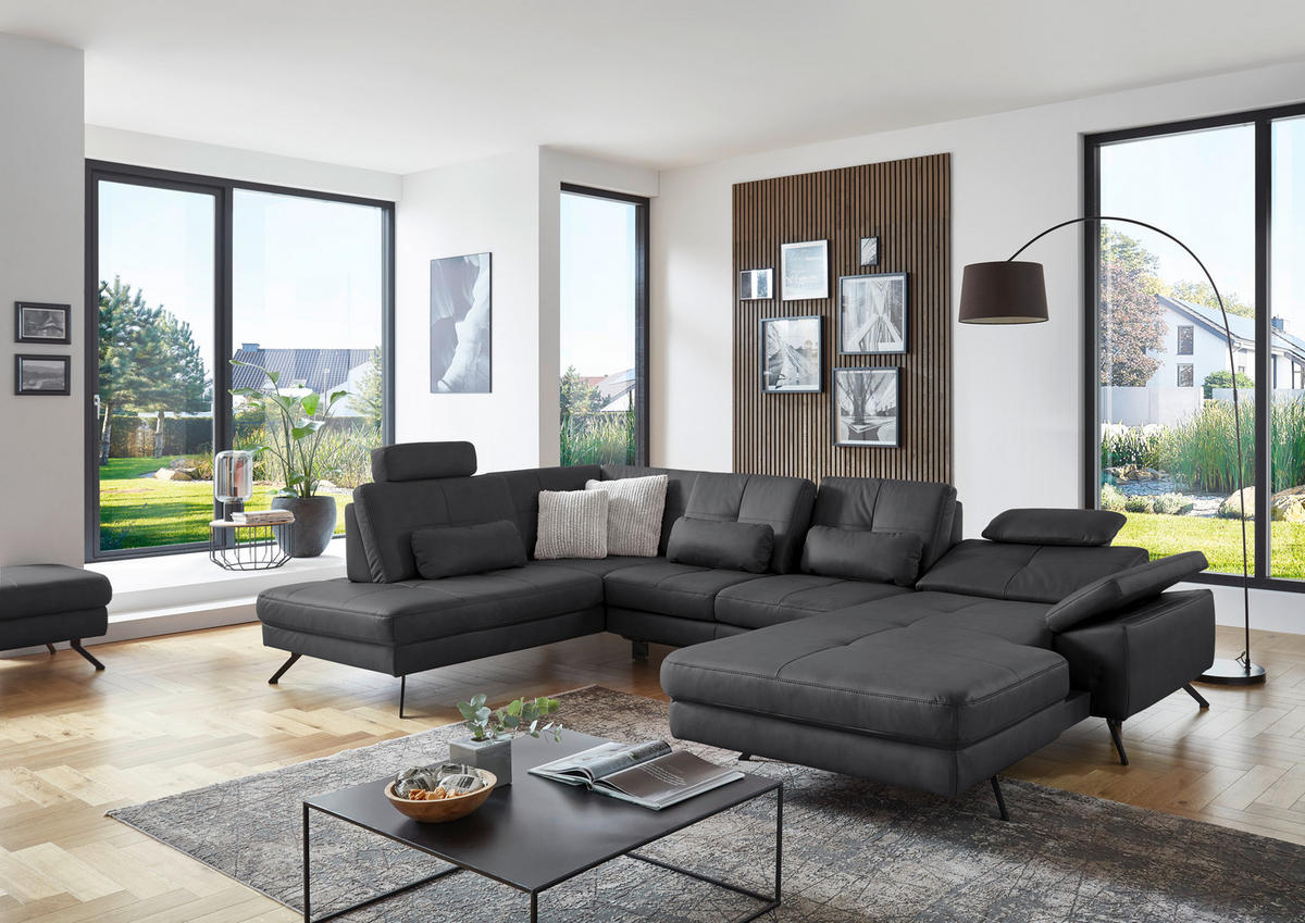 WOHNLANDSCHAFT in Lederlook, Mikrofaser Grau  - Schwarz/Grau, Design, Textil/Metall (220/345/179cm) - Beldomo System