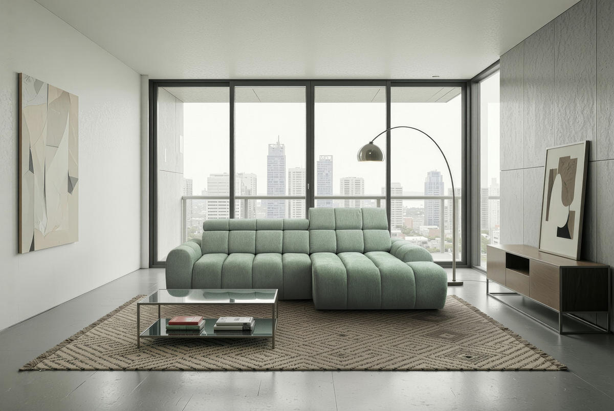 ECKSOFA Salbeigrün Chenille Bettkasten, Rücken echt, Kopfteilverstellung, Sitzvorzug  - Salbeigrün/Schwarz, Design, Kunststoff/Textil (290/152cm) - Stylife