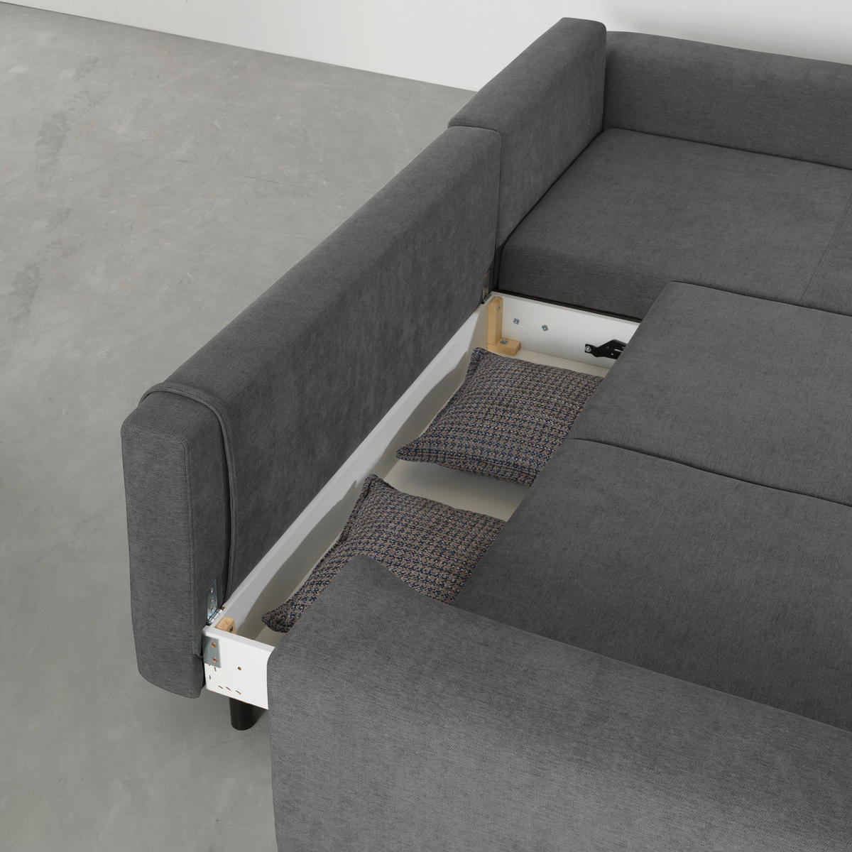 ECKSOFA inkl. Funktionen Grau Webstoff Rückenkissen, Bettkasten, Schlaffunktion, Rücken echt  - Wengefarben/Schwarz, Design, Holz/Textil (314/211cm) - Stylife