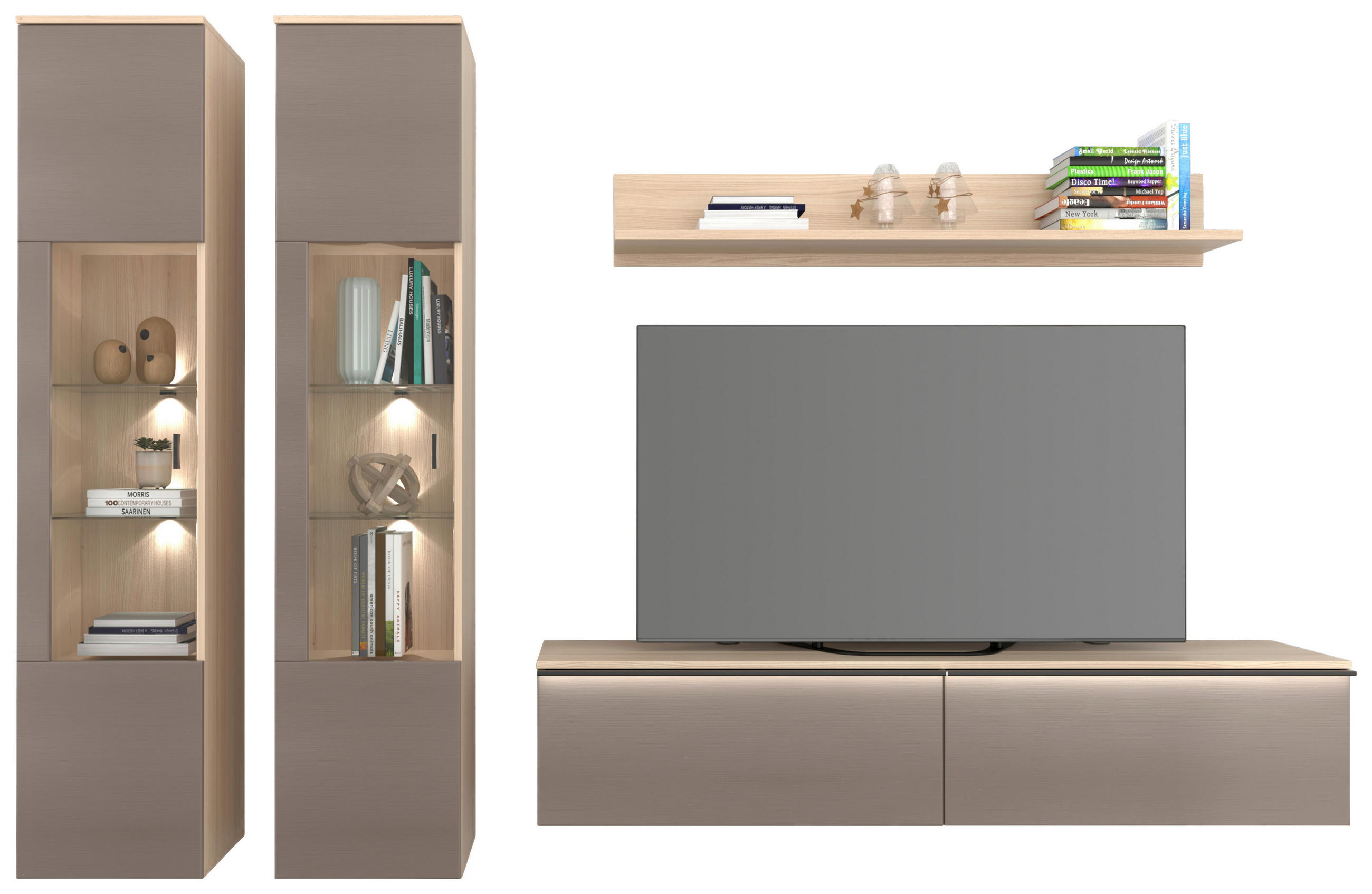 WOHNWAND 4-teilig  in Grau, Eichefarben  284/204/41 cm  - Eichefarben/Schwarz, KONVENTIONELL, Glas/Holzwerkstoff (284/204/41cm) - Carryhome