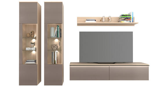 WOHNWAND 4-teilig  in Grau, Eichefarben  284/204/41 cm  - Eichefarben/Schwarz, KONVENTIONELL, Glas/Holzwerkstoff (284/204/41cm) - Carryhome