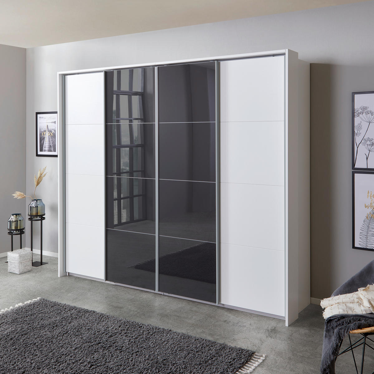 SCHIEBETÜRENSCHRANK 361/230/62 cm 4-türig Weiß  - Dunkelgrau/Alufarben, MODERN, Glas/Holzwerkstoff (361/230/62cm) - James Wood
