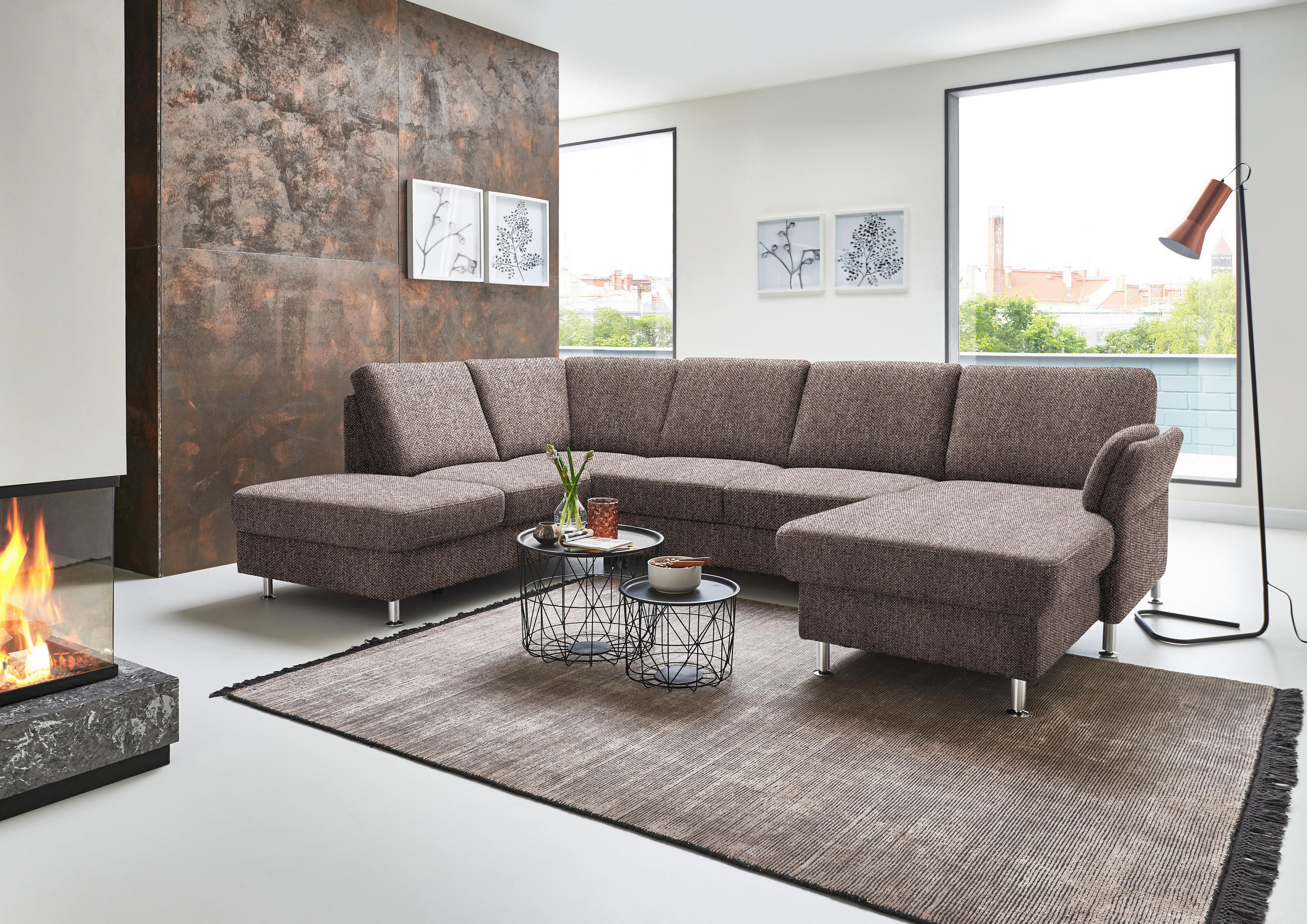 WOHNLANDSCHAFT VILLACH -EXKLUSIV- - Chromfarben/Braun, KONVENTIONELL, Textil/Metall (200/305/168cm) - Beldomo System
