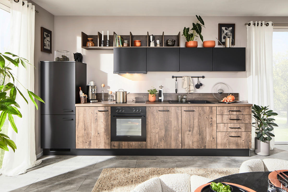 EINBAUKÜCHE   - Eichefarben/Schwarz, Basics, Holzwerkstoff - Venda