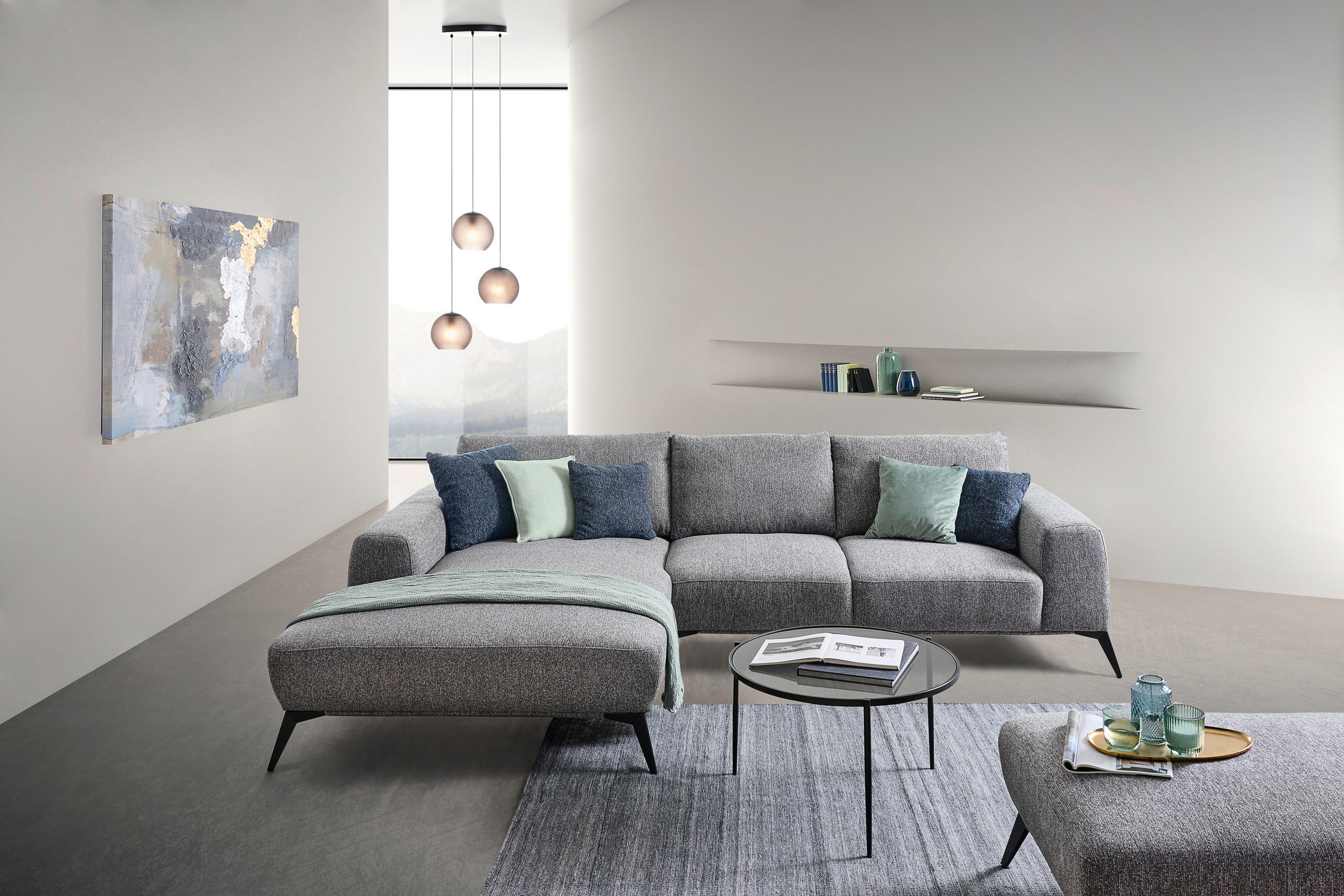ECKSOFA in Webstoff Grau  - Schwarz/Grau, Design, Textil/Metall (187/298cm) - Stylife