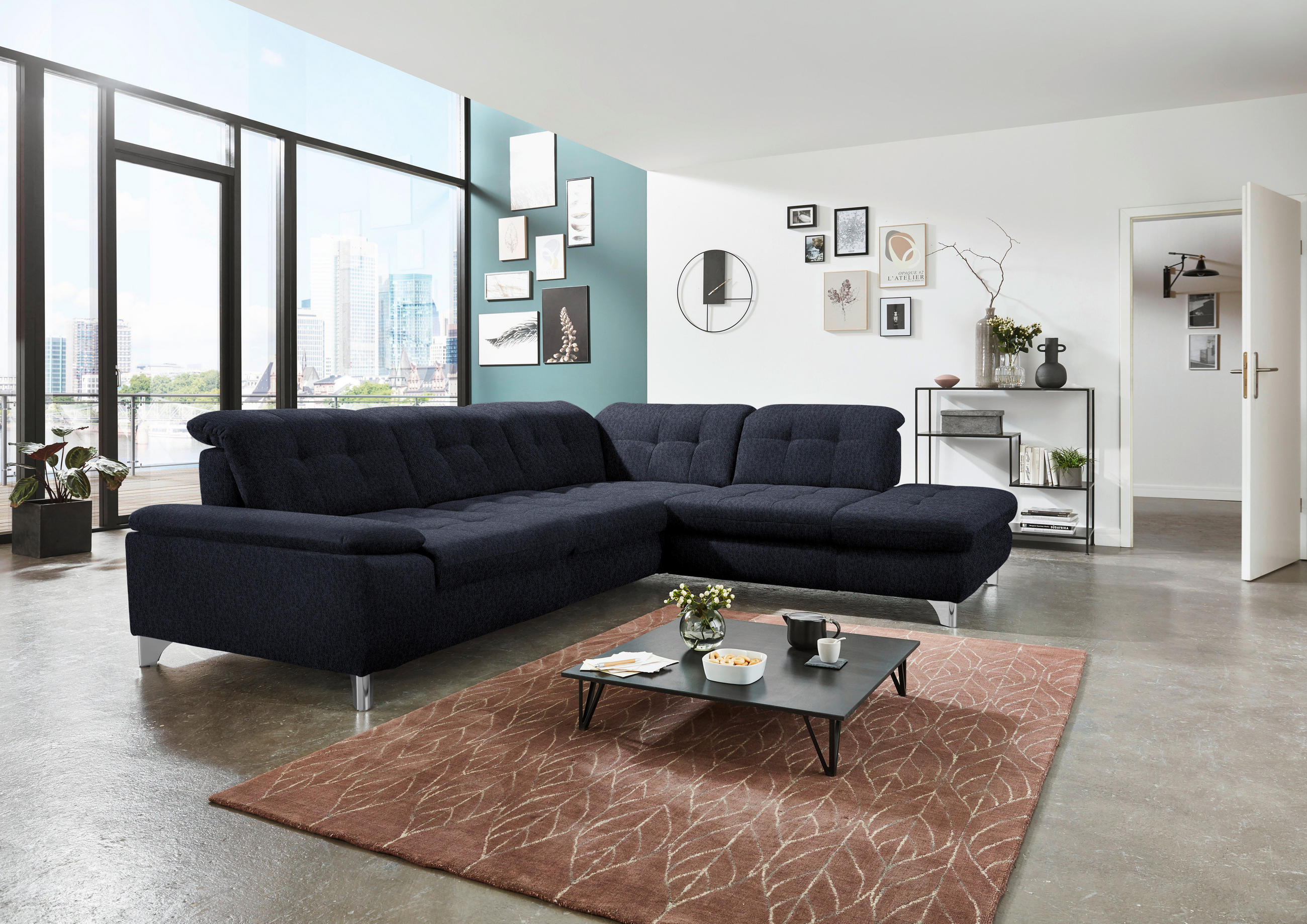 ECKSOFA in Chenille Dunkelblau  - Chromfarben/Dunkelblau, Design, Textil/Metall (310/260cm) - Beldomo Speed