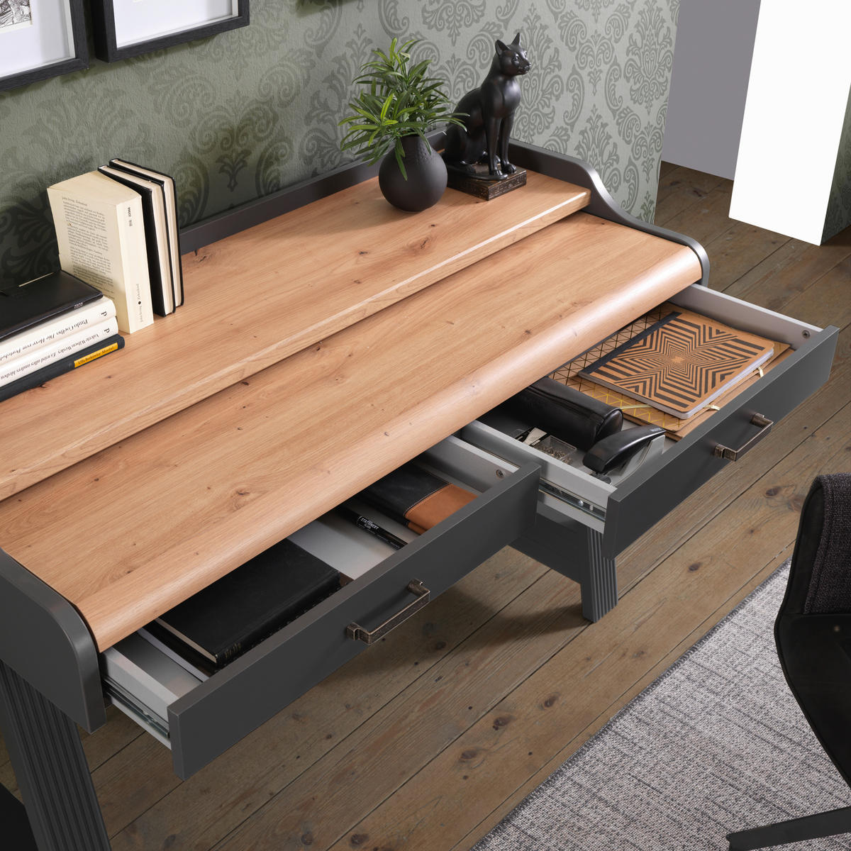 Birou in stejar Artisan  - stejar Artisan/grafit, Romantik / Landhaus, metal/material pe bază de lemn (120/53/84cm) - Landscape