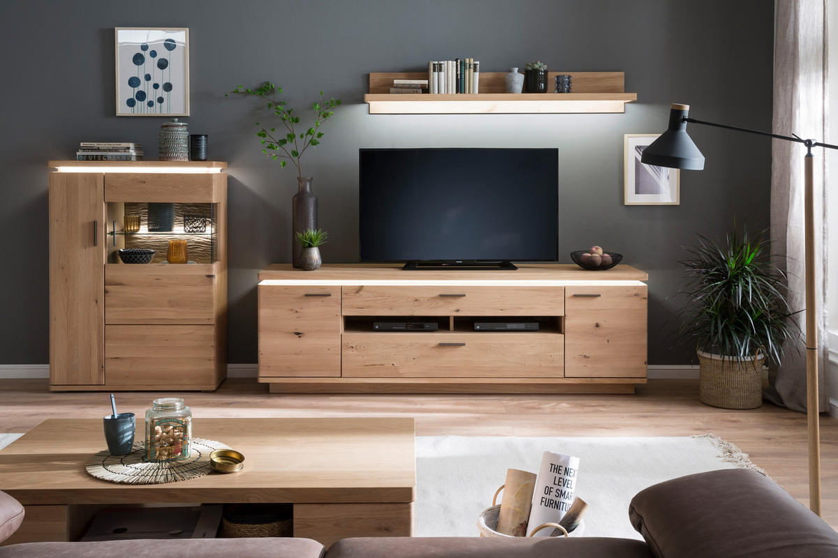 VYSOKÁ KOMODA, trámový dub, barvy dubu, 90/128/37 cm - šedá/barvy dubu, Design, kov/dřevo (90/128/37cm) - Linea Natura