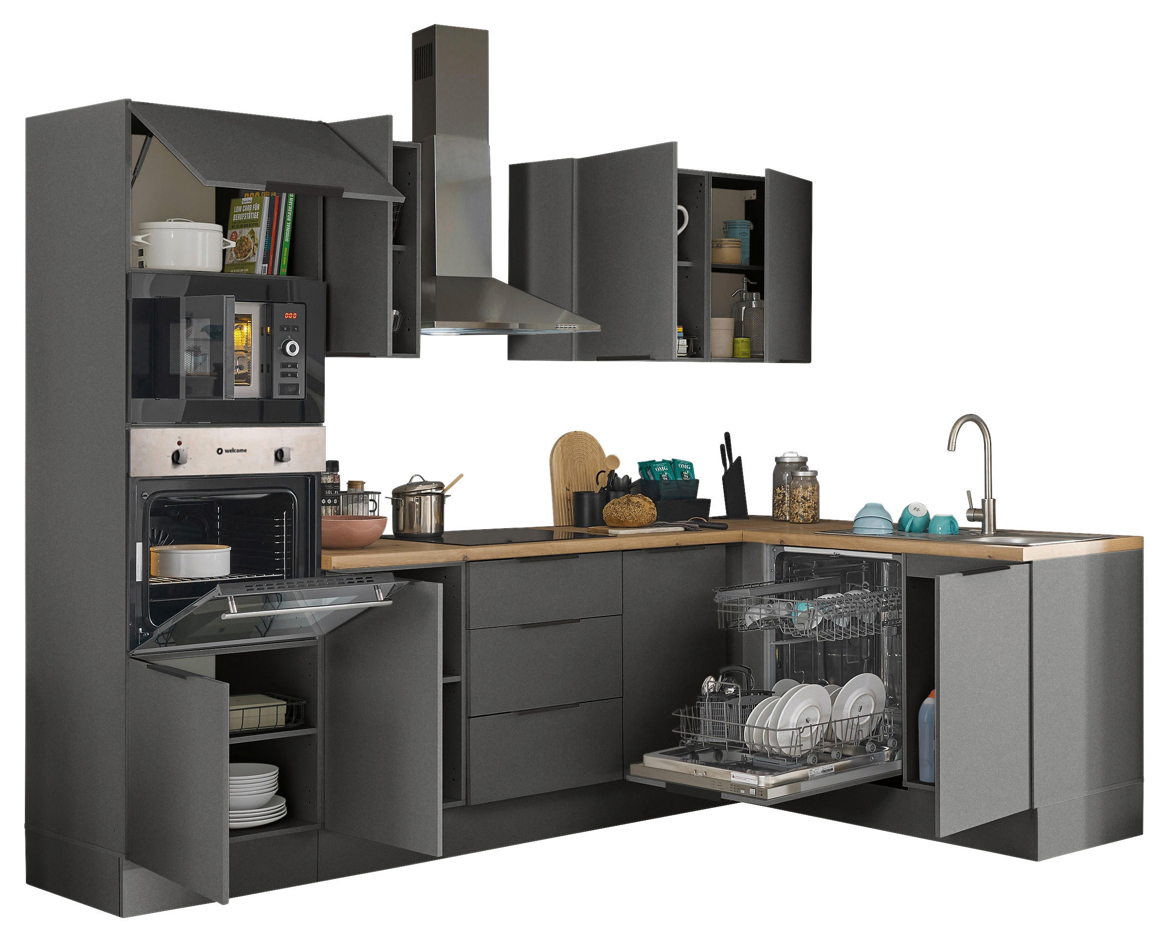 Thumbnail - Carryhome Eckküche Multan, Graphit, Metall, 3 Schublade(n) Schubladen, 280x175 cm, links aufbaubar, rechts höhenverstell...