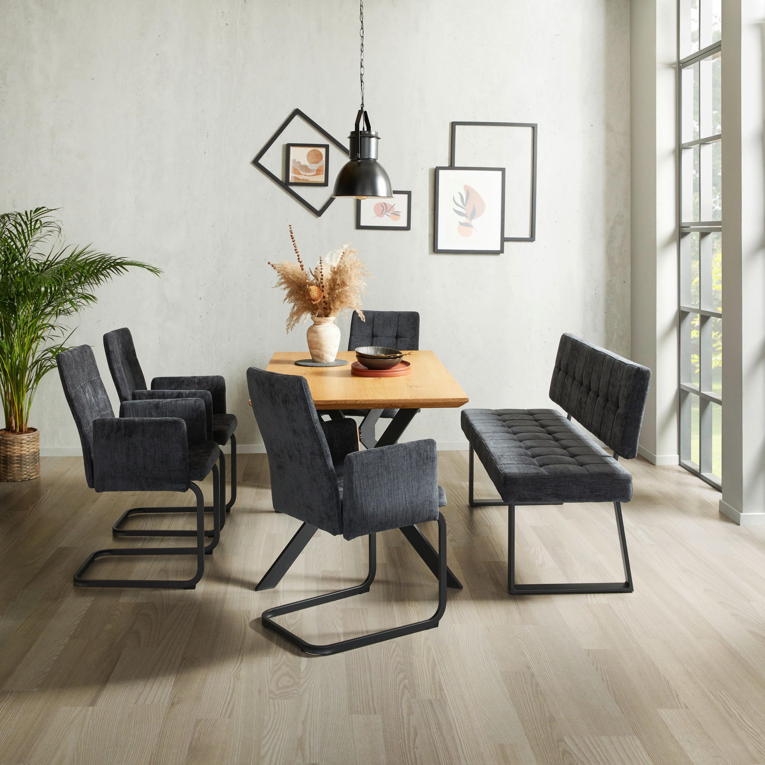 SITZBANK 140/85/56 cm Webstoff Dunkelgrau  - Dunkelgrau/Schwarz, MODERN, Textil/Metall (140/85/56cm) - MID.YOU