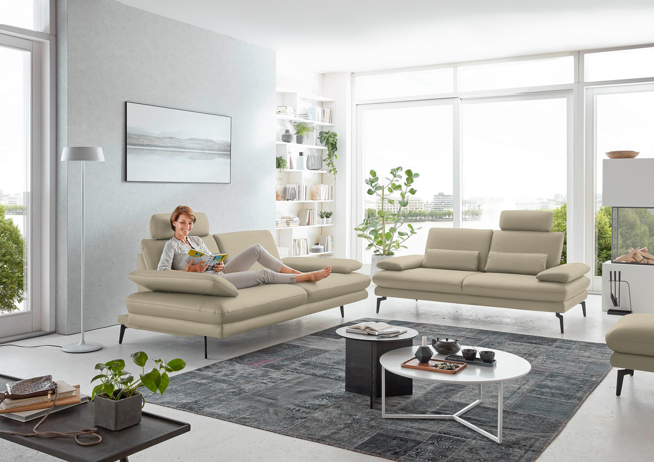 2,5-SITZER in Echtleder Creme, Naturfarben  - Creme/Schwarz, Design, Leder/Metall (196/86/104cm) - Dieter Knoll