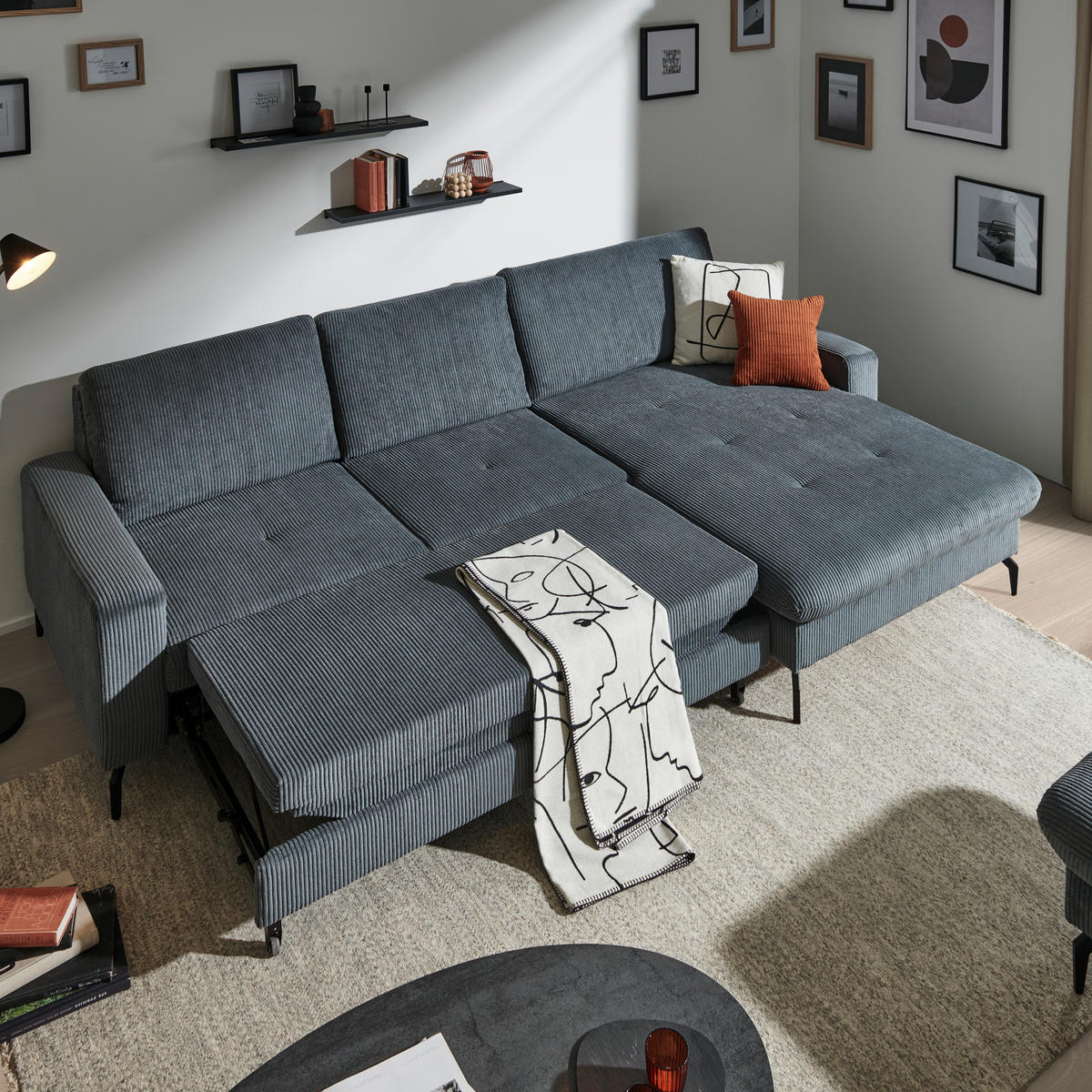 ECKSOFA in Cord Graphitfarben  - Schwarz/Graphitfarben, Design, Textil/Metall (302/180cm) - Venda