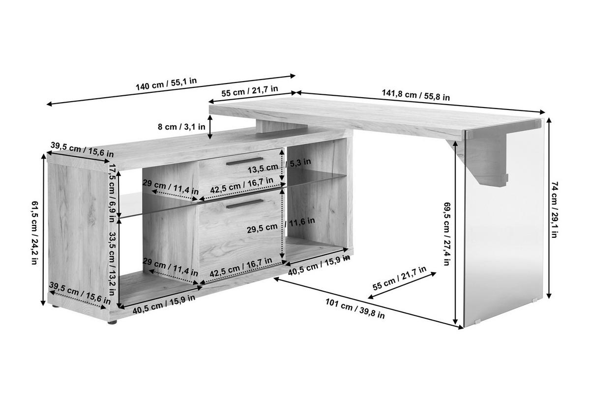 ECKSCHREIBTISCH 141,8/140/74 cm Walnussfarben Stauraum, seitenverkehrt montierbar  - Walnussfarben/Schwarz, Design, Glas/Holzwerkstoff (141,8/140/74cm) - MID.YOU