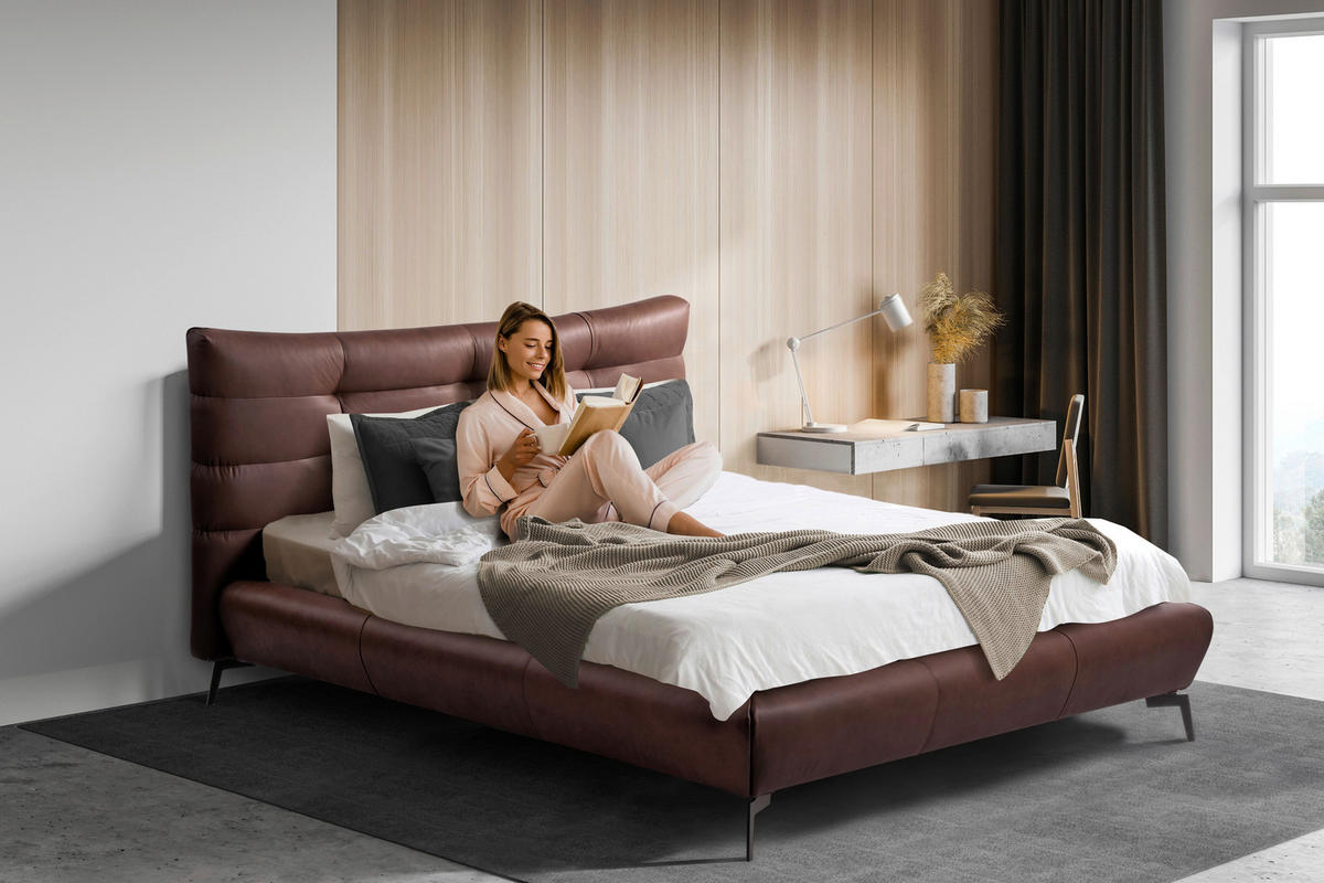 POLSTERBETT gepolstertes Kopfteil Dunkelbraun 180/200 cm  - Dunkelbraun/Schwarz, Design, Leder/Metall (180/200cm) - Esposa