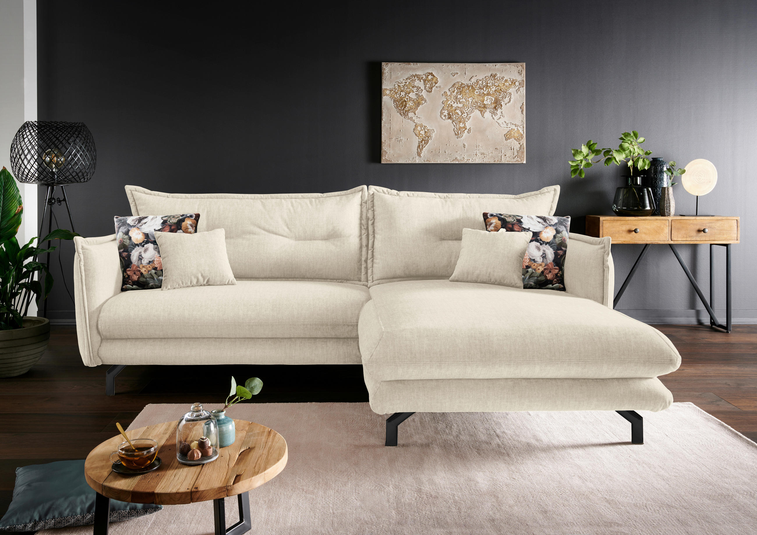 ECKSOFA in Velours Beige  - Beige/Schwarz, Modern, Textil/Metall (255/180cm) - Livetastic