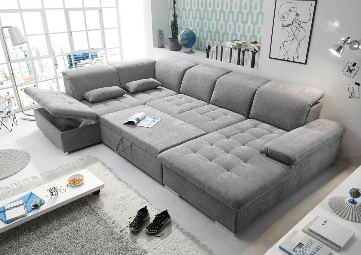 WOHNLANDSCHAFT in Mikrovelours Grau  - Dunkelgrau/Silberfarben, KONVENTIONELL, Kunststoff/Textil (240/340/188cm) - MID.YOU