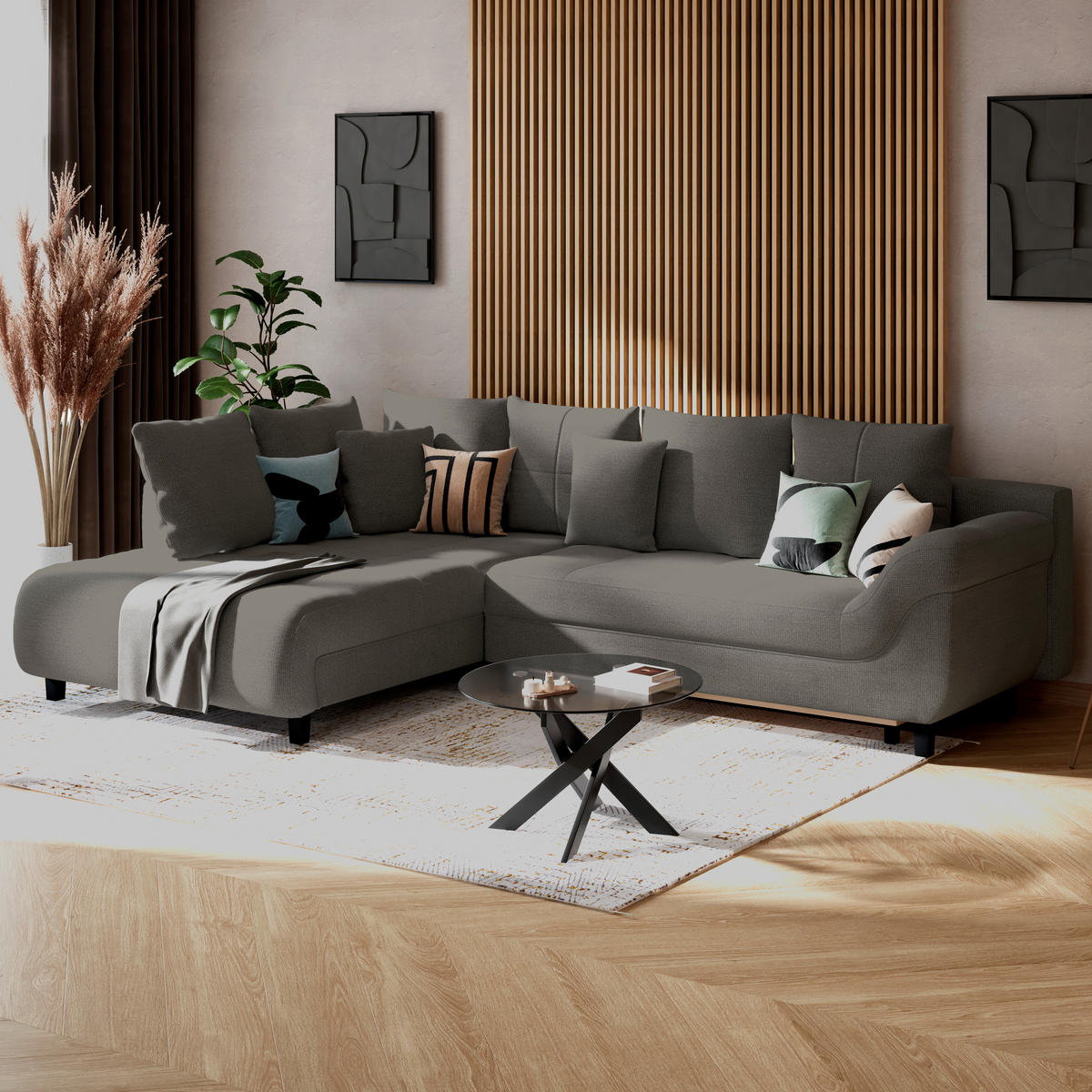 ECKSOFA MENDOZA NEW Anthrazit Chenille, Struktur Zierkissen, Rückenkissen, Bettkasten  - Anthrazit/Schwarz, KONVENTIONELL, Textil (197/309cm) - MID.YOU