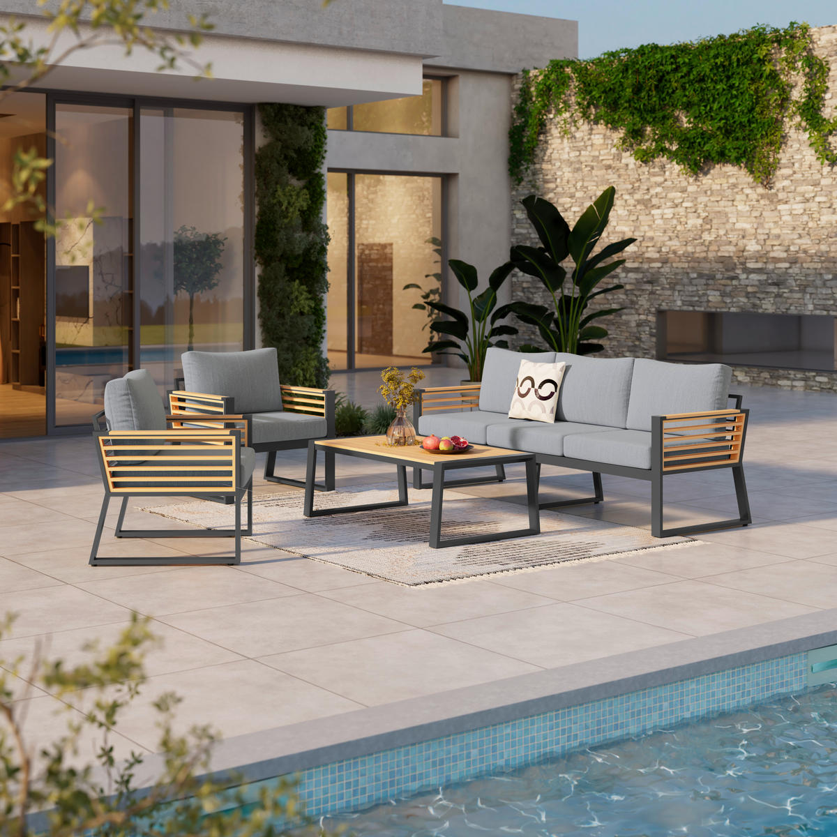 LOUNGE GARNITURA   drvo, metal, tekstil  crna, boje tikovine    - boje tikovine/crna, Moderno, drvo/metal (207/76/85cm) - Ambia Garden