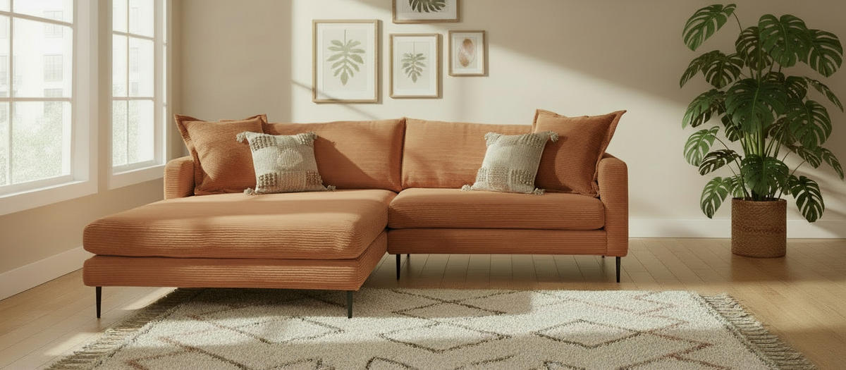 ECKSOFA Cord Terracotta  - Terracotta/Schwarz, Design, Textil/Metall (193/268cm) - P & B