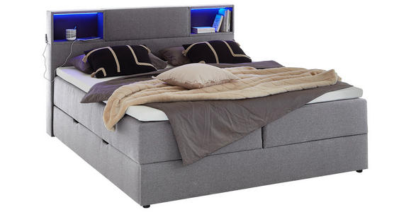 BOXSPRINGBETT 160/200 cm,  in Hellgrau, Matratze, Beleuchtung, Bettkasten, Topper, H3 = fest  - Hellgrau/Schwarz, Design, Holz/Textil (160/200cm) - Xora
