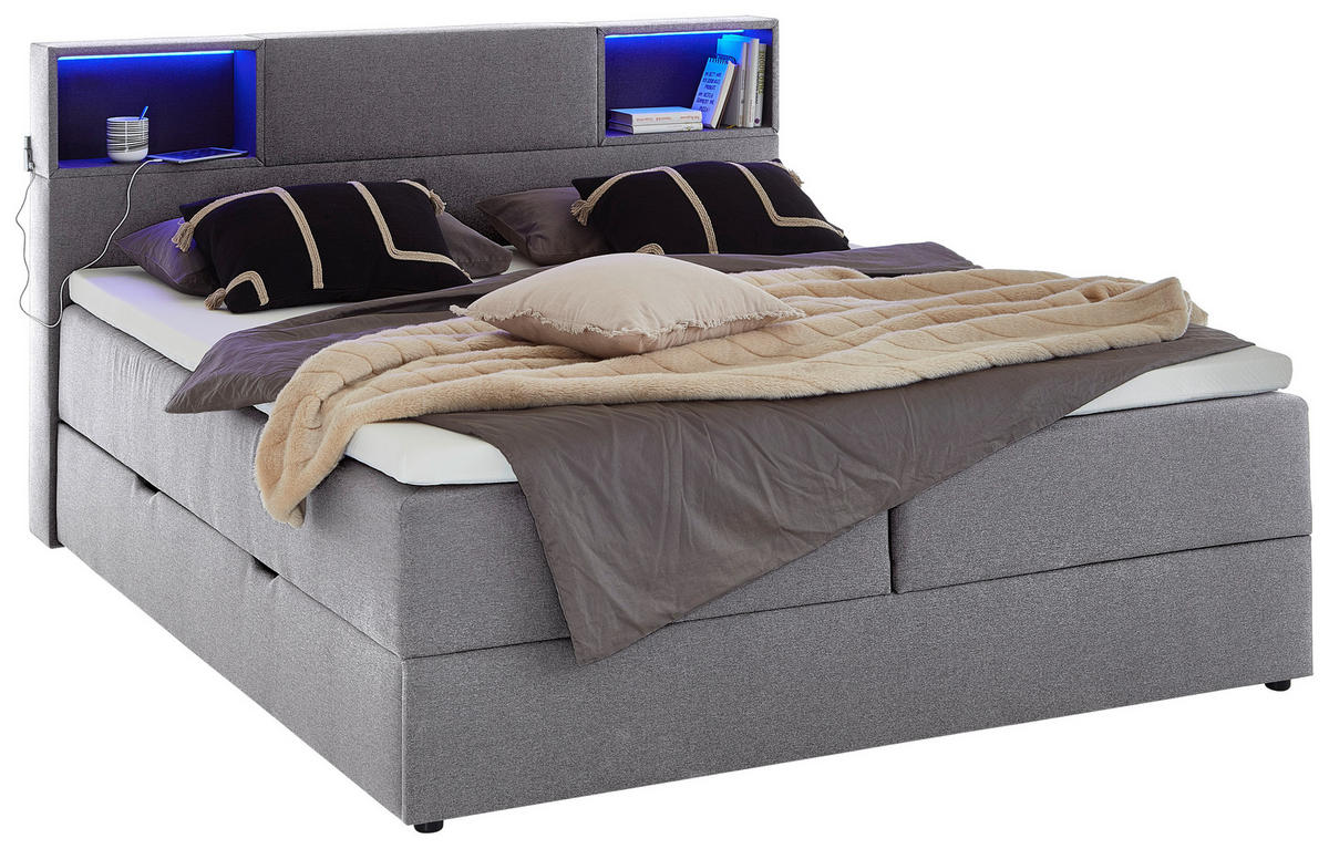BOXSPRINGBETT 160/200 cm,  in Hellgrau, Beleuchtung, Bettkasten, Topper, Matratze, H3 = fest  - Hellgrau/Schwarz, Design, Holz/Textil (160/200cm) - Xora