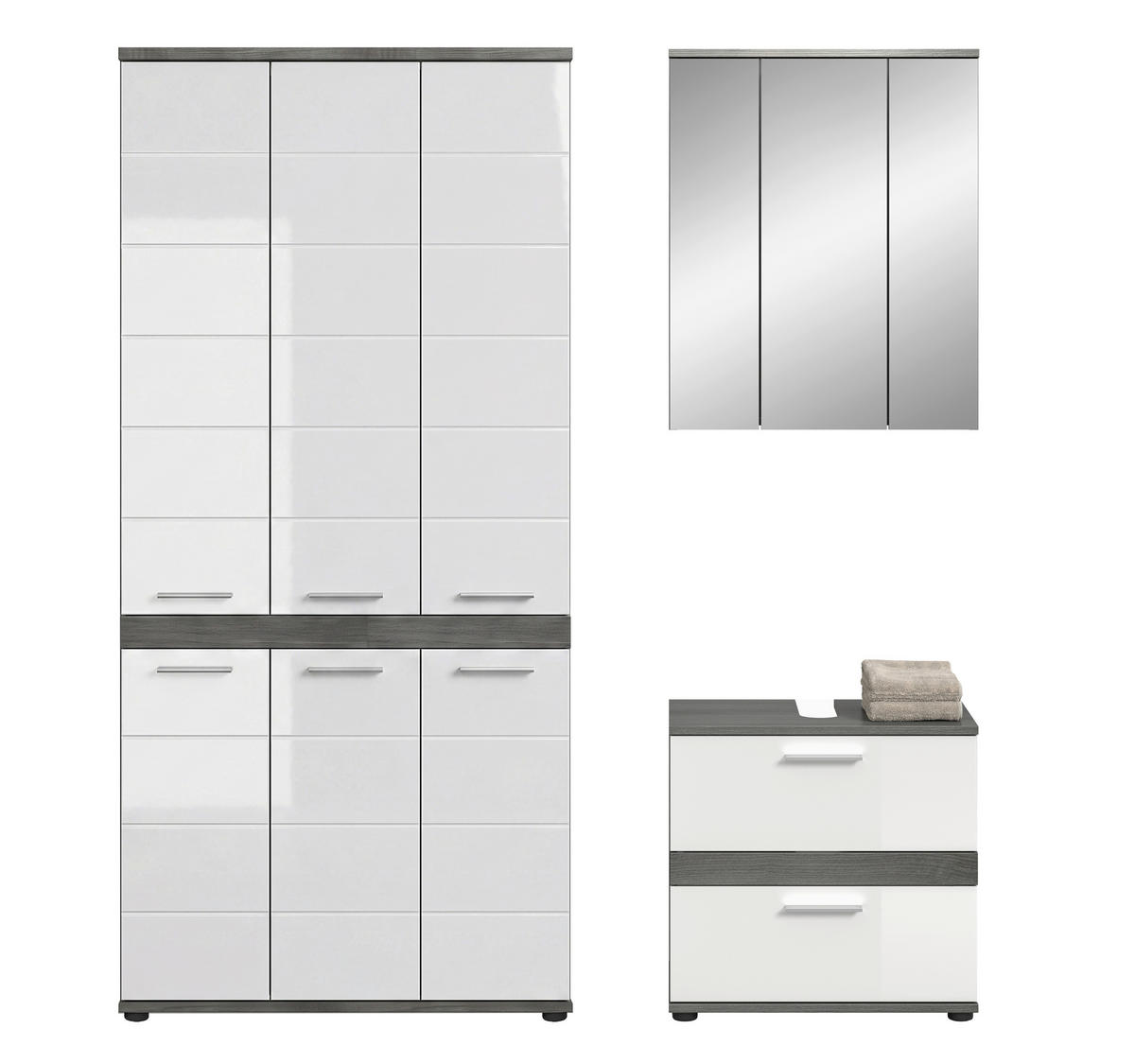 BADEZIMMER 3-teilig  in 165 cm  - Weiß Hochglanz/Silberfarben, Trend, Glas/Holzwerkstoff (165cm) - MID.YOU