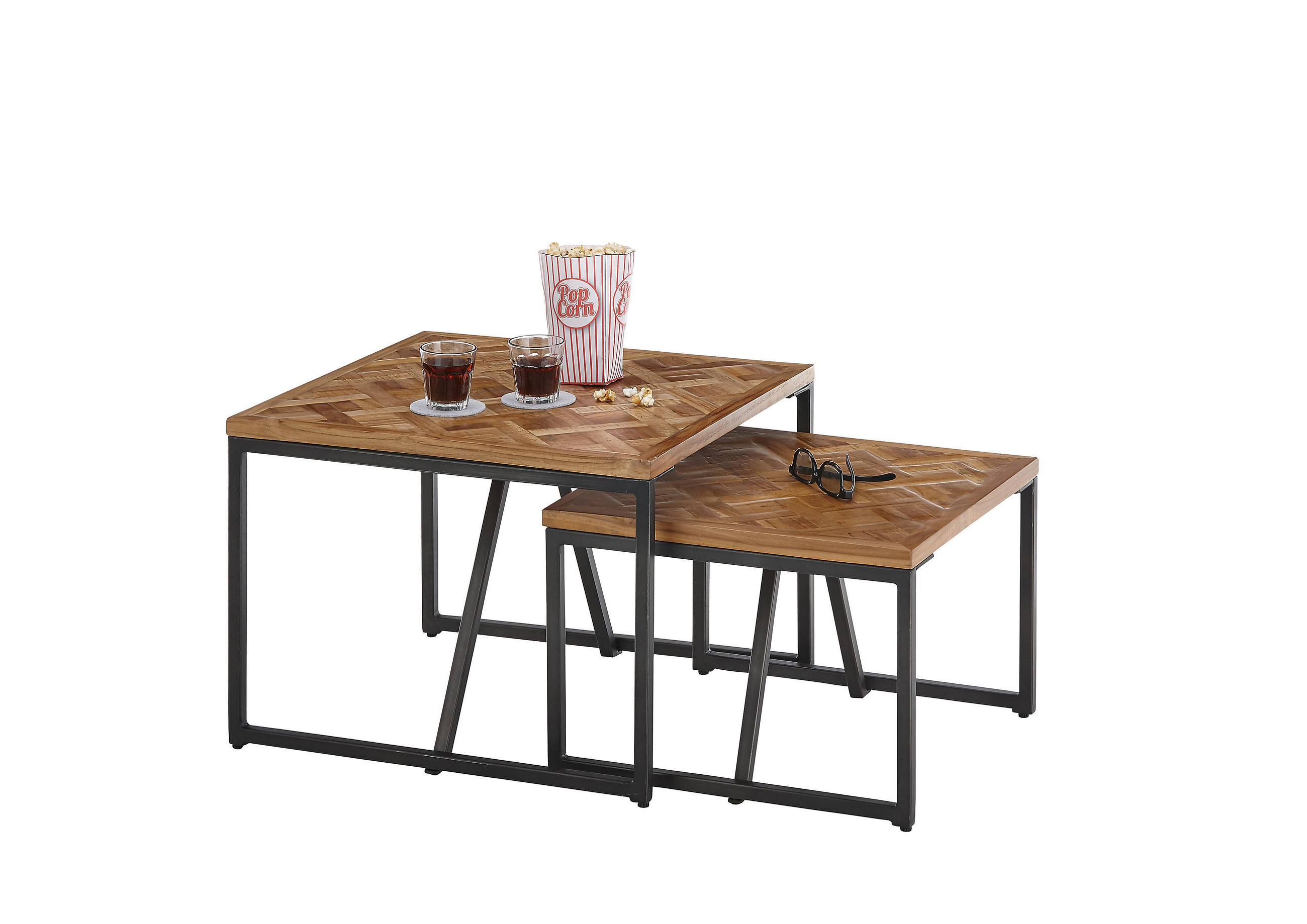 COUCHTISCHSET Teakholz massiv quadratisch Schwarz, Teakfarben  - Schwarz/Teakfarben, Design, Holz/Metall (60/60/45cm) - MID.YOU