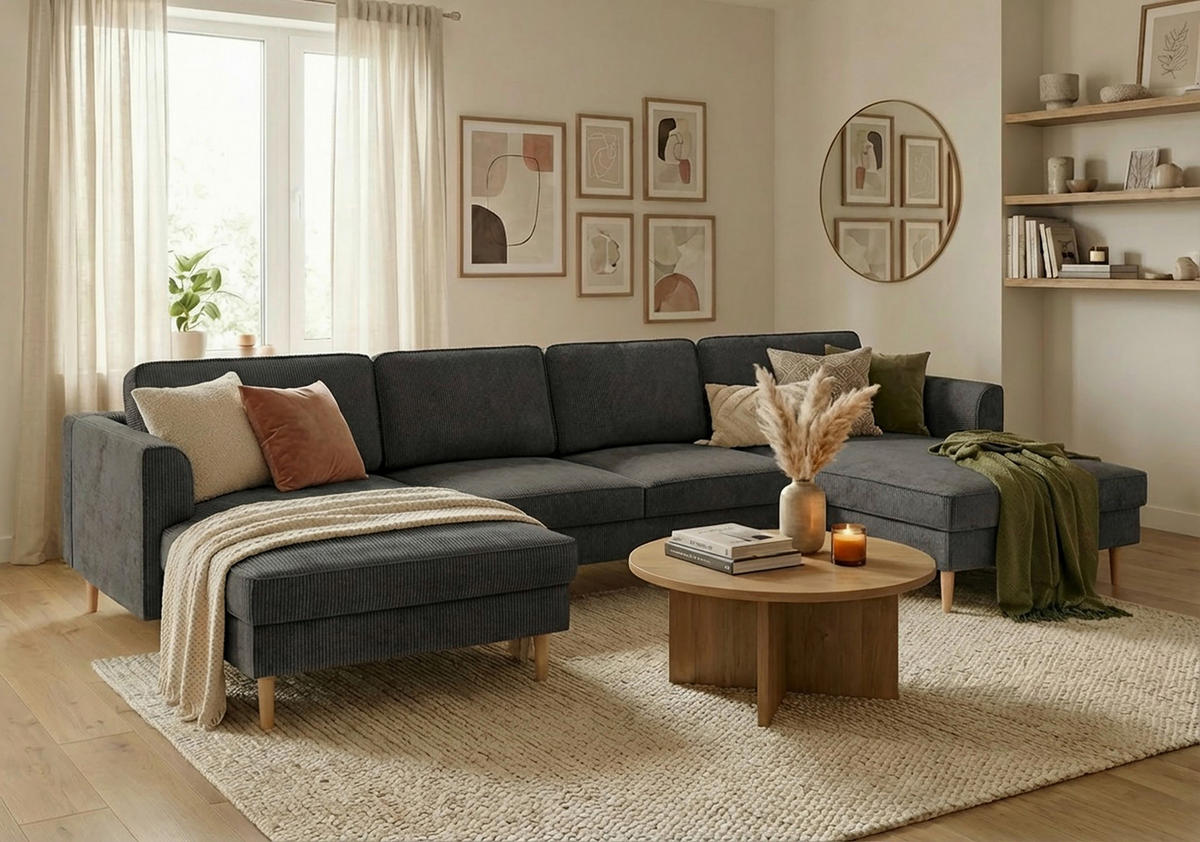 WOHNLANDSCHAFT Dunkelgrau Cord  - Dunkelgrau/Buchefarben, MODERN, Holz/Textil (161/306/161cm) - Trendmanufaktur