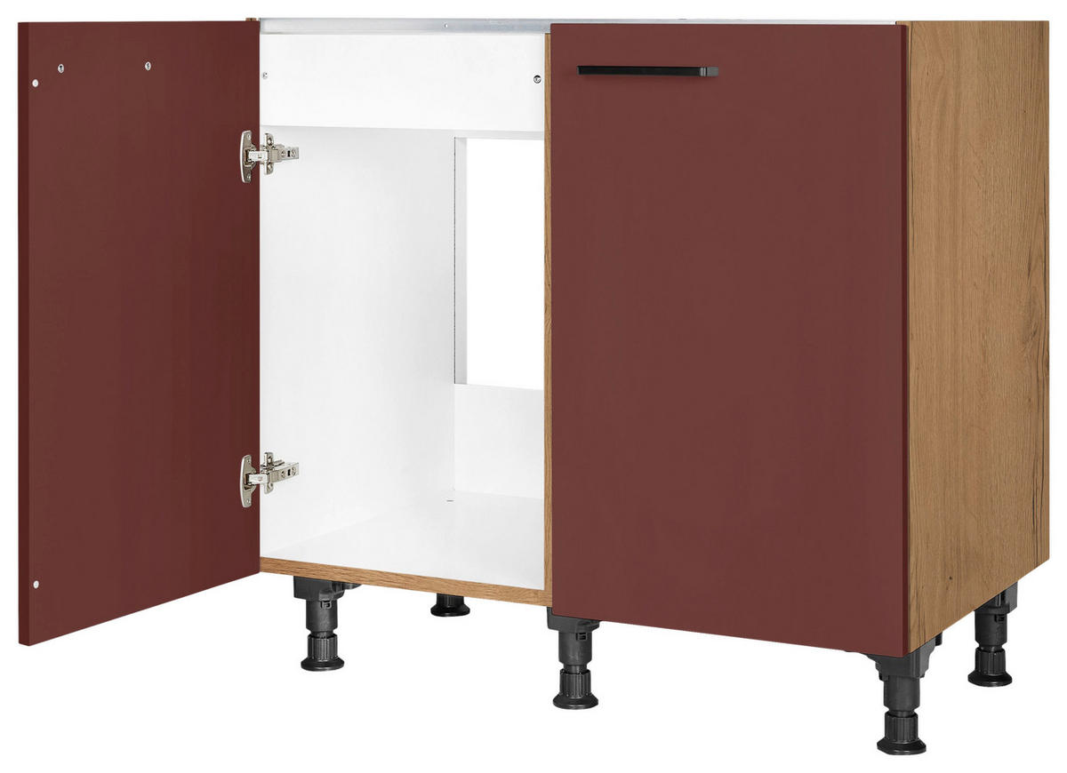 SPÜLENUNTERSCHRANK 90/87/56 cm  in Rot, Eichefarben  - Eichefarben/Rot, MODERN, Holzwerkstoff/Metall (90/87/56cm) - Nobilia