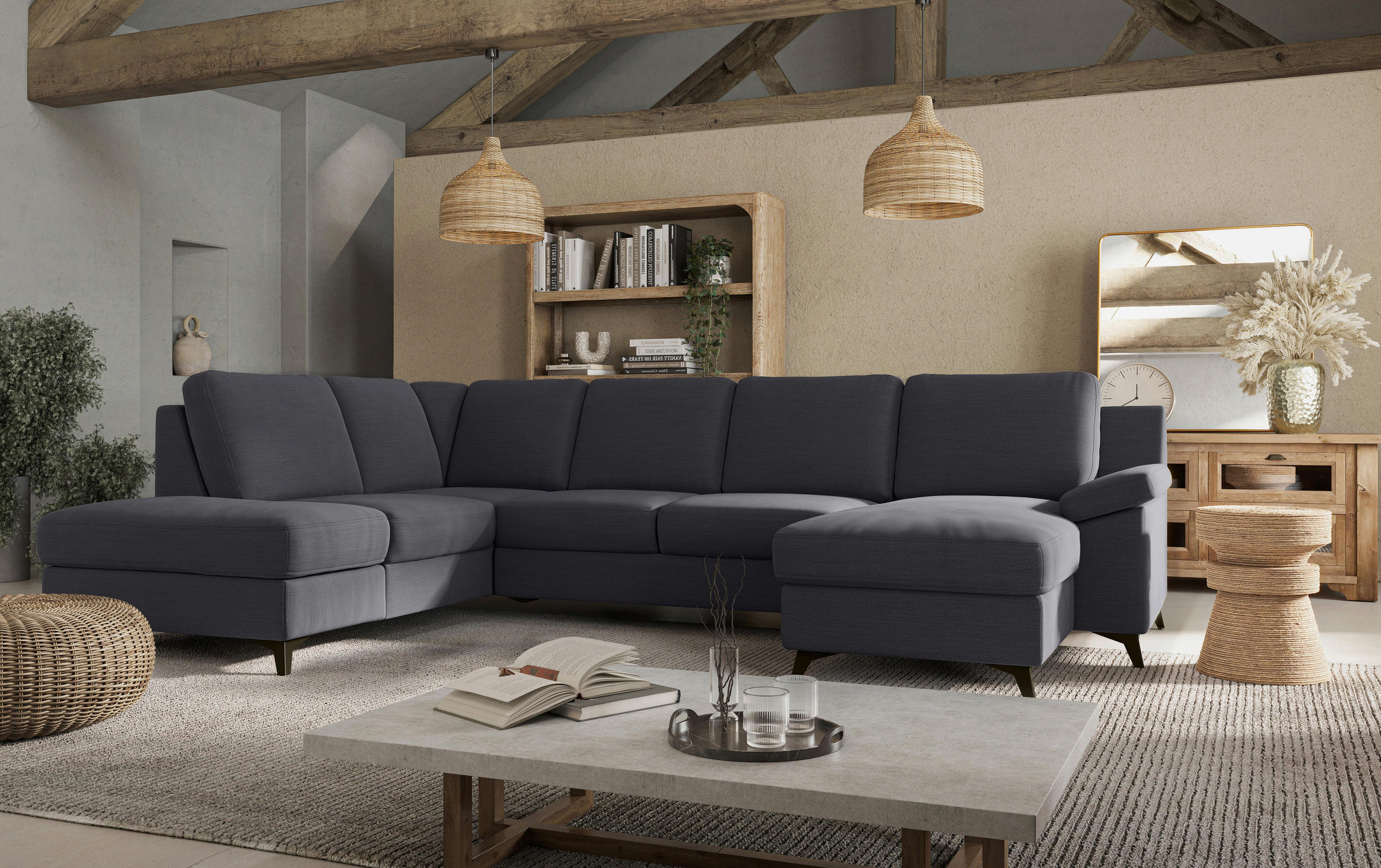 WOHNLANDSCHAFT in Flachgewebe Dunkelblau  - Schwarz/Dunkelblau, Konventionell, Textil/Metall (204/309/156cm) - Cotta