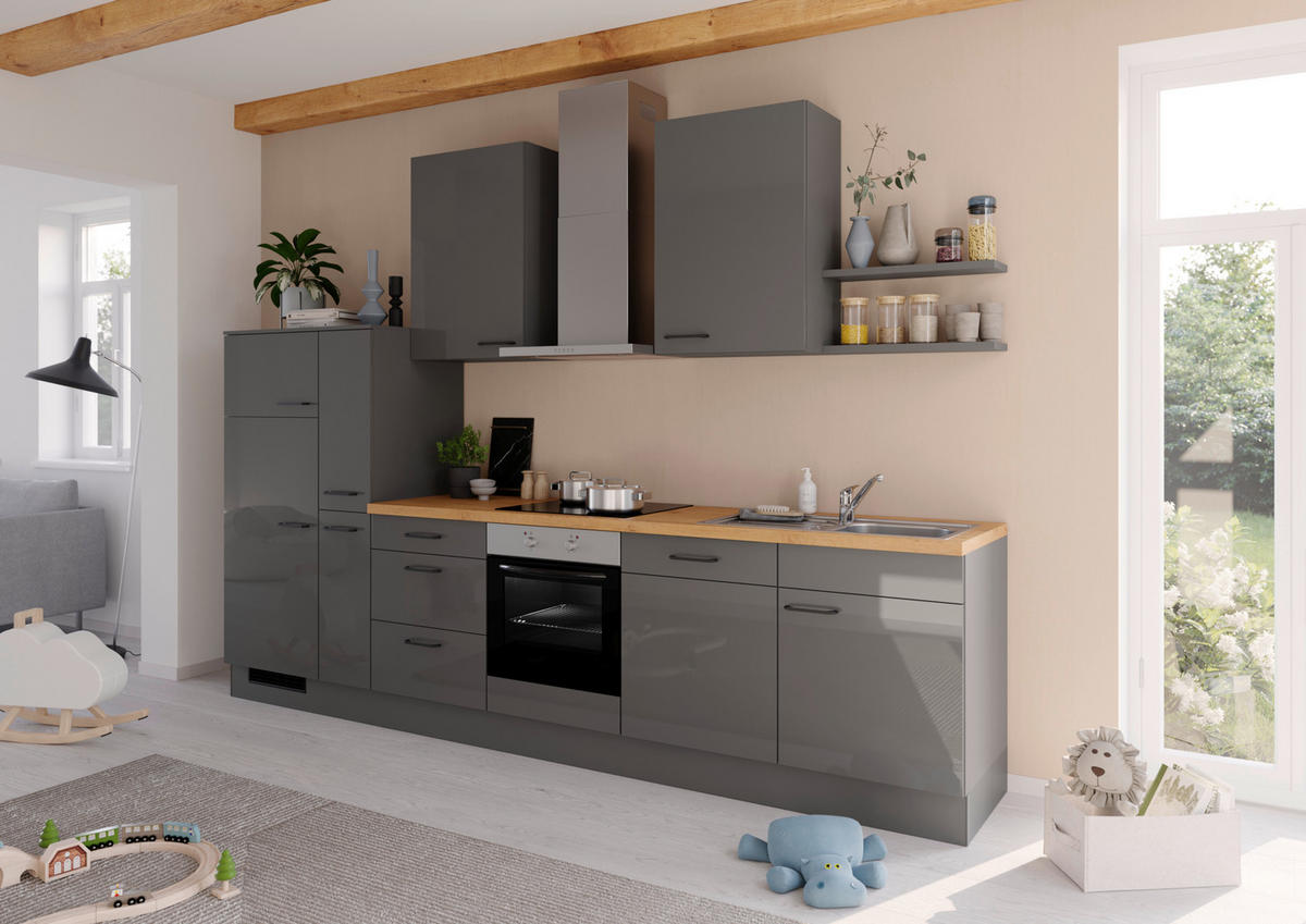KÜCHENLEERBLOCK 330 cm   in Graphitfarben  - Eichefarben/Schwarz, Design, Holzwerkstoff/Metall (330cm) - Impuls