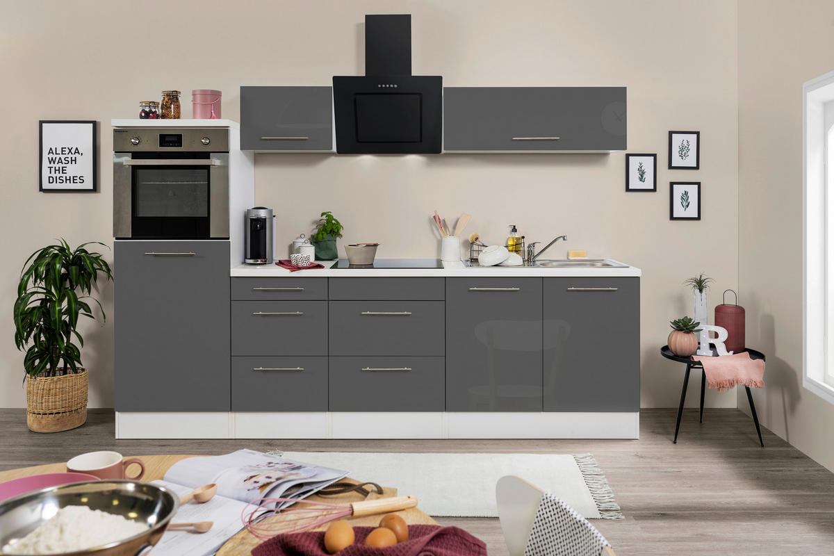 KÜCHENBLOCK 270 cm   in Grau, Weiss  - Weiss/Edelstahlfarben, Konventionell, Holzwerkstoff/Metall (270cm) - Respekta