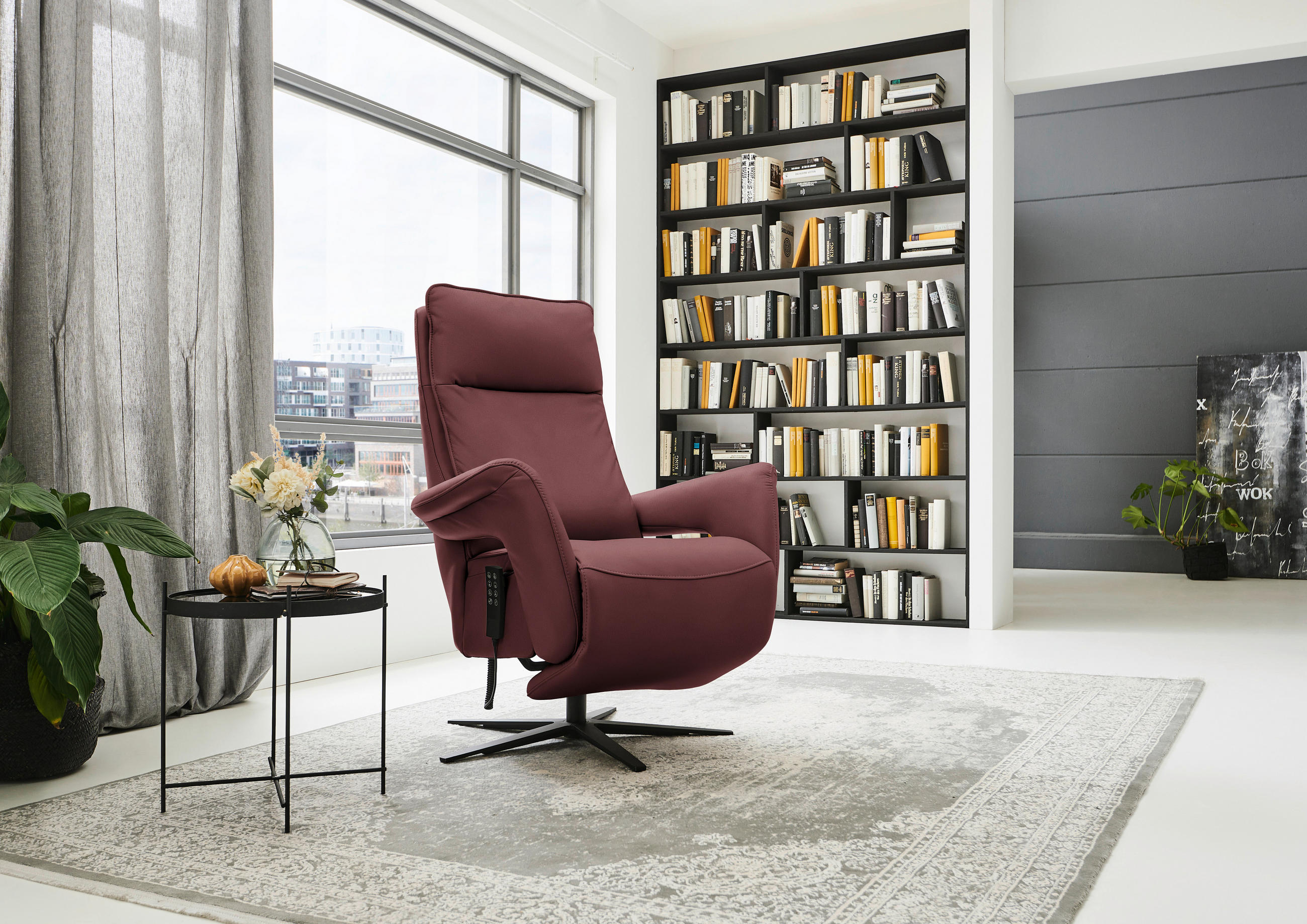 RELAXSESSEL in Leder Beere  - Beere/Schwarz, Design, Leder/Metall (83/116/87cm) - Valdera