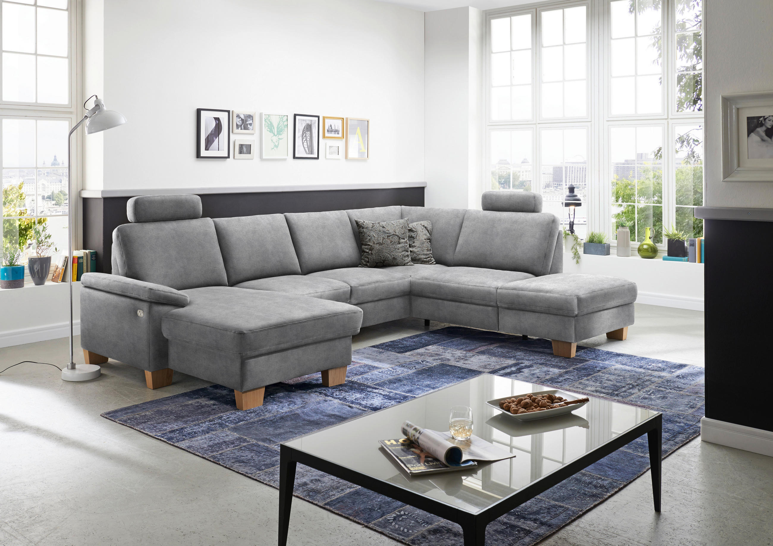 WOHNLANDSCHAFT in Velours Hellgrau  - Eichefarben/Hellgrau, Konventionell, Holz/Textil (167/316/235cm) - Beldomo System