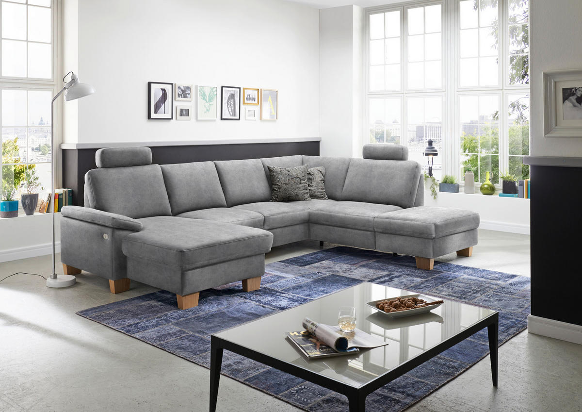 WOHNLANDSCHAFT in Velours Hellgrau  - Eichefarben/Hellgrau, Konventionell, Holz/Textil (167/316/235cm) - Beldomo System