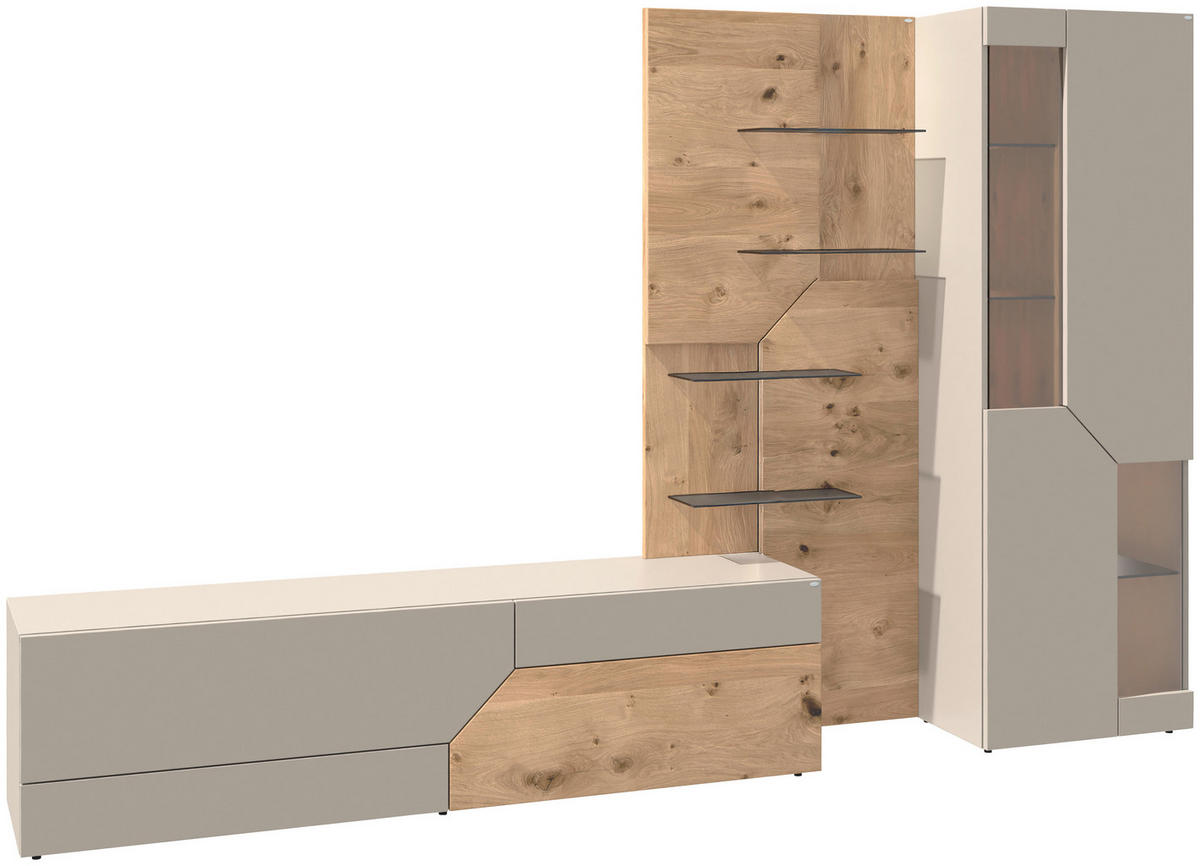 WOHNWAND 3-teilig  in Taupe, Wildeiche  304/194/45 cm  - Taupe/Wildeiche, Design, Glas/Holz (304/194/45cm) - Voglauer