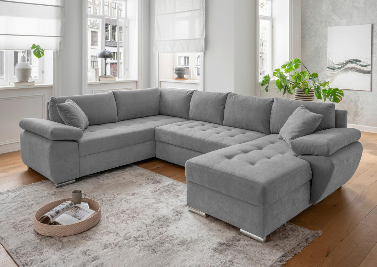 Wohnlandschaft in Mikrofaser Silberfarben  - couleur chromée/couleur argentée, Konventionell, textile/métal (219/305/157cm) - Livetastic
