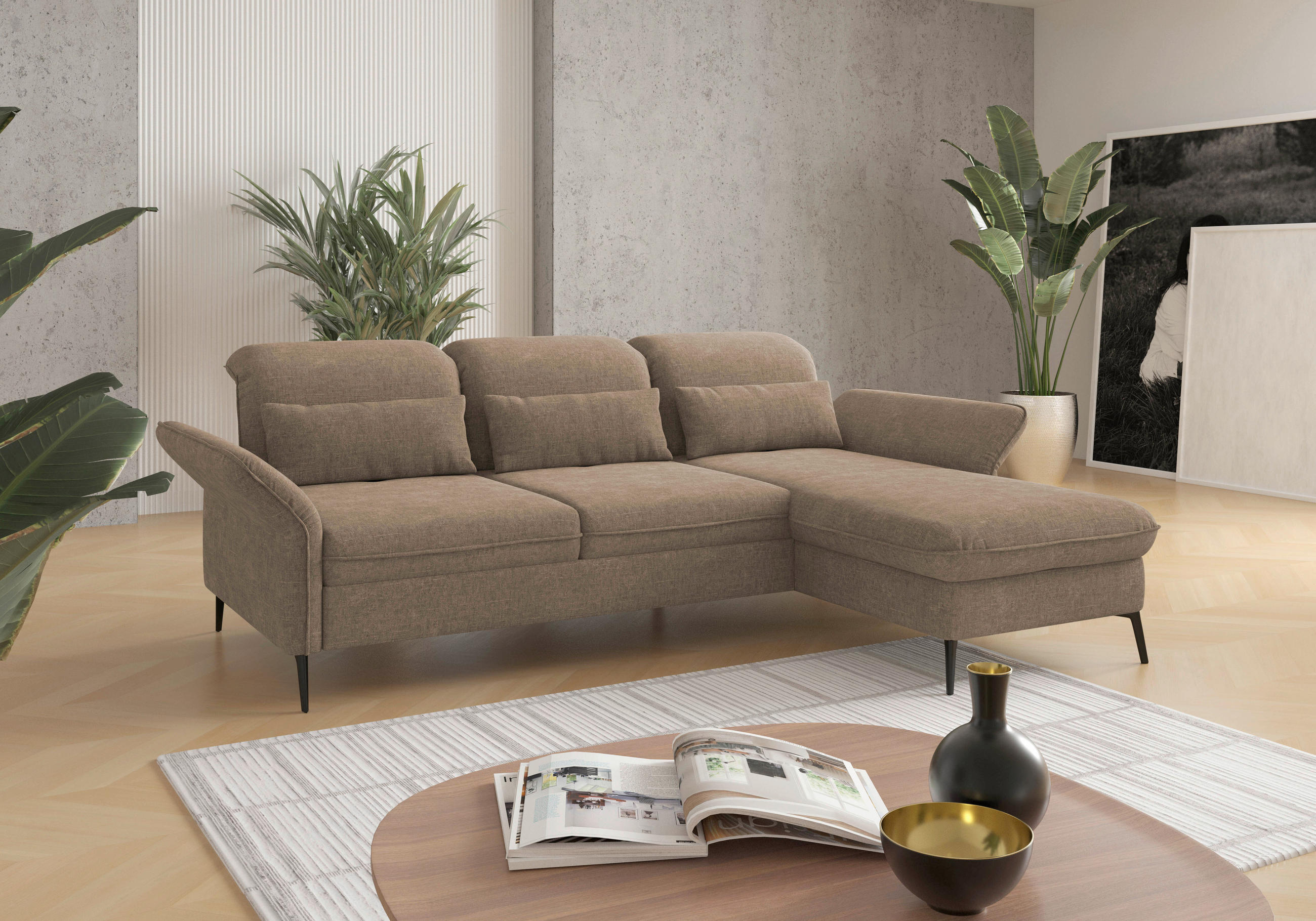 ECKSOFA Hellbraun Flachgewebe  - Hellbraun/Schwarz, KONVENTIONELL, Textil/Metall (264/198cm) - Sit & More