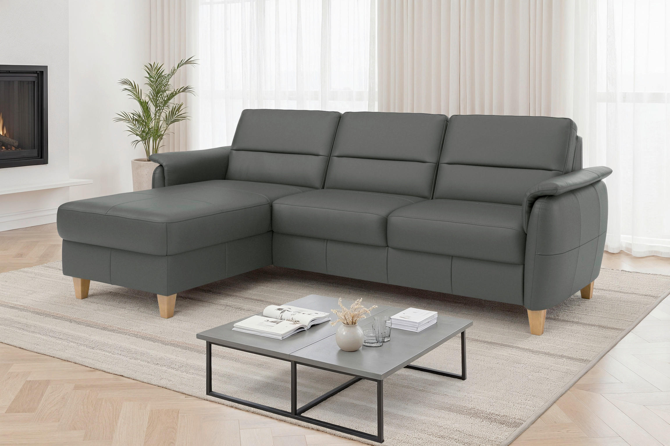 ECKSOFA Echtleder Anthrazit  - Eichefarben/Anthrazit, Basics, Leder/Holz (163/244cm) - Sit & More