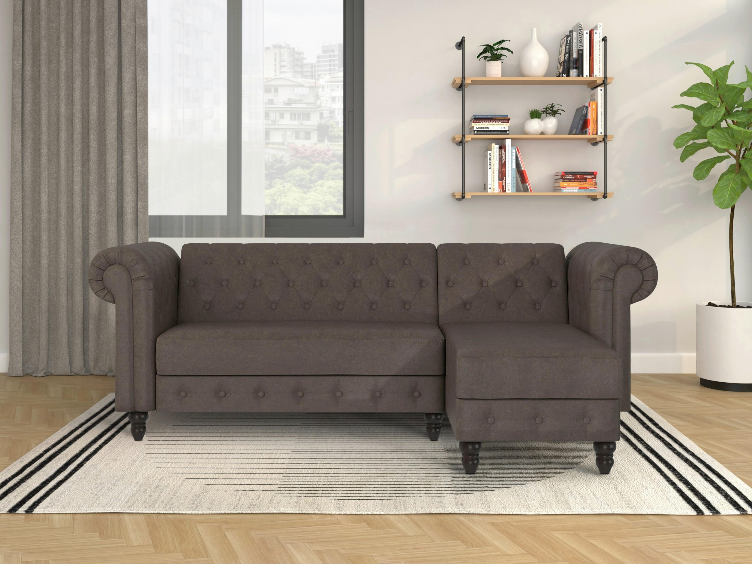 ECKSOFA FIRENZE in Mikrofaser Dunkelbraun  - Dunkelbraun/Schwarz, Basics, Holz/Textil (241/154cm) - Livetastic