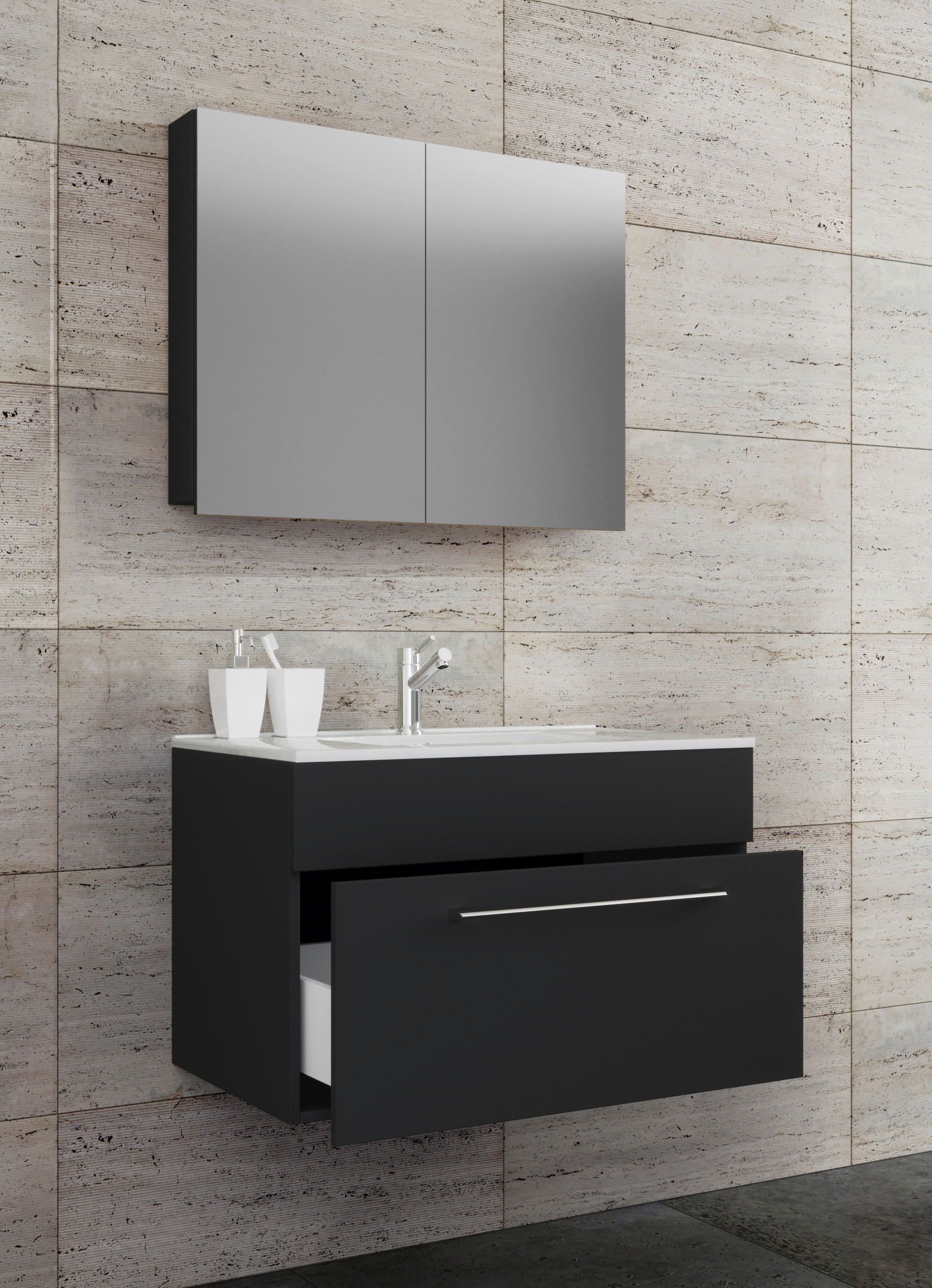BADEZIMMER 3-teilig  in 80 cm  - Alufarben/Schwarz, MODERN, Keramik/Holzwerkstoff (80cm) - MID.YOU