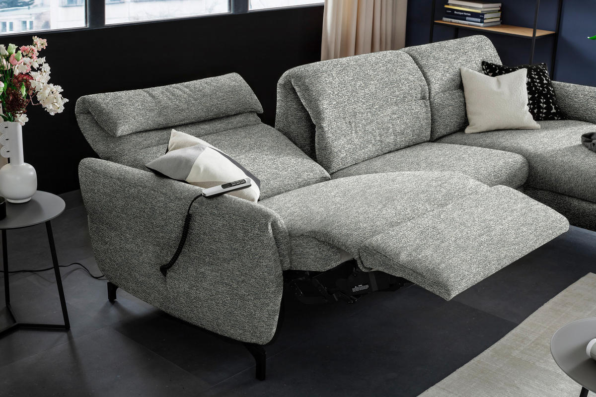 ECKSOFA in Chenille Hellgrau, Grau  299/187 cm  - Hellgrau/Schwarz, Design, Textil/Metall (299/187cm) - Schöner Wohnen